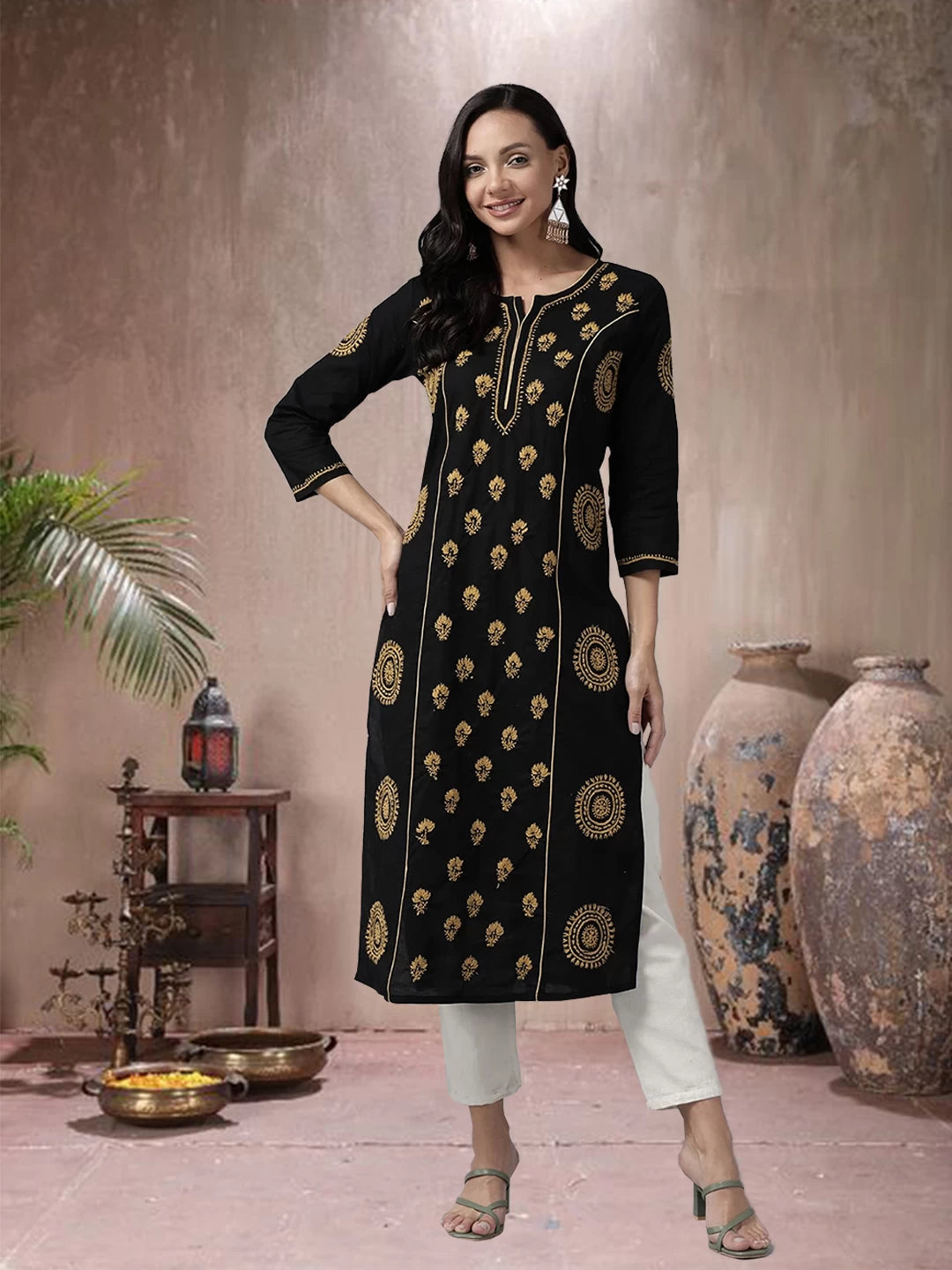 Ada Hand Embroidered Black Cotton Lucknowi Chikankari Straight Kurta A411461