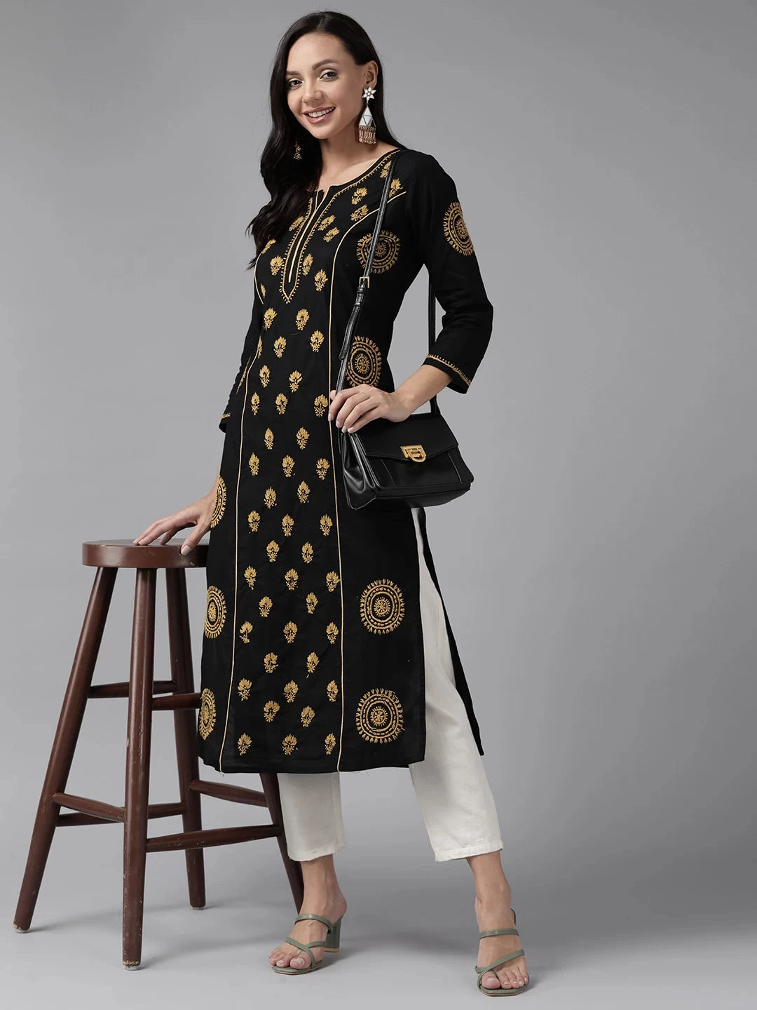 Ada Hand Embroidered Black Cotton Lucknowi Chikankari Straight Kurta A411461