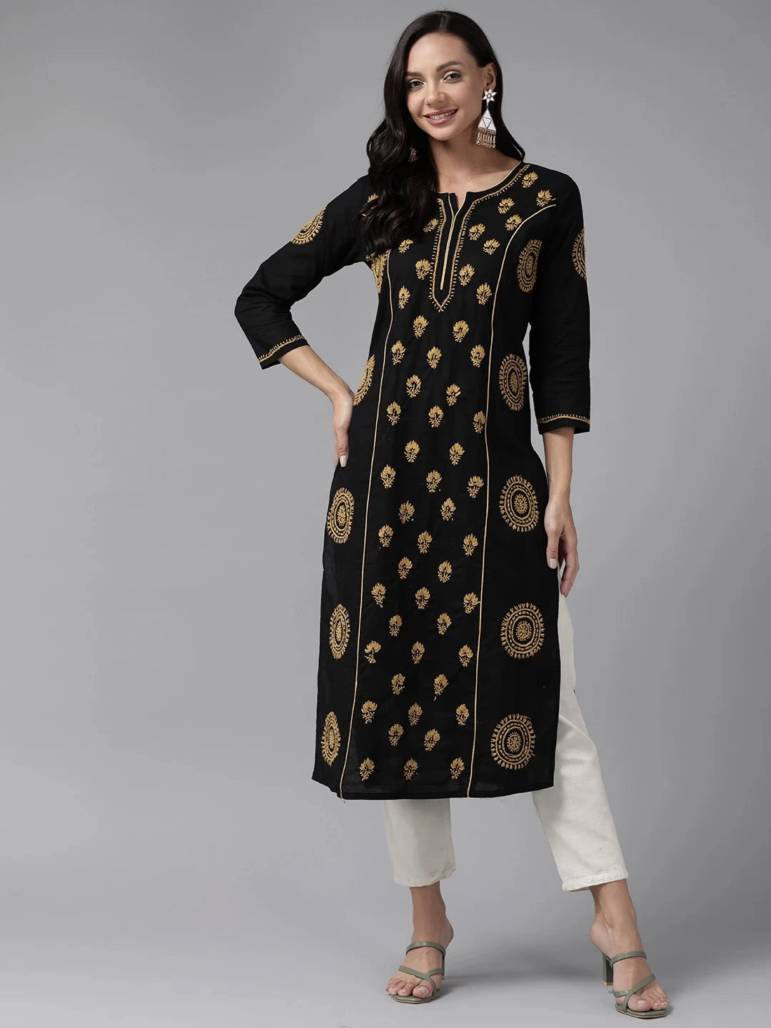 Ada Hand Embroidered Black Cotton Lucknowi Chikankari Straight Kurta A411461