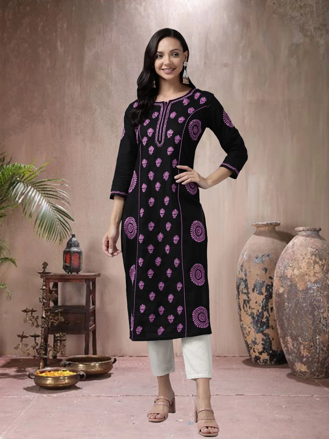 Ada Hand Embroidered Black Cotton Lucknowi Chikankari Straight Kurta A411442