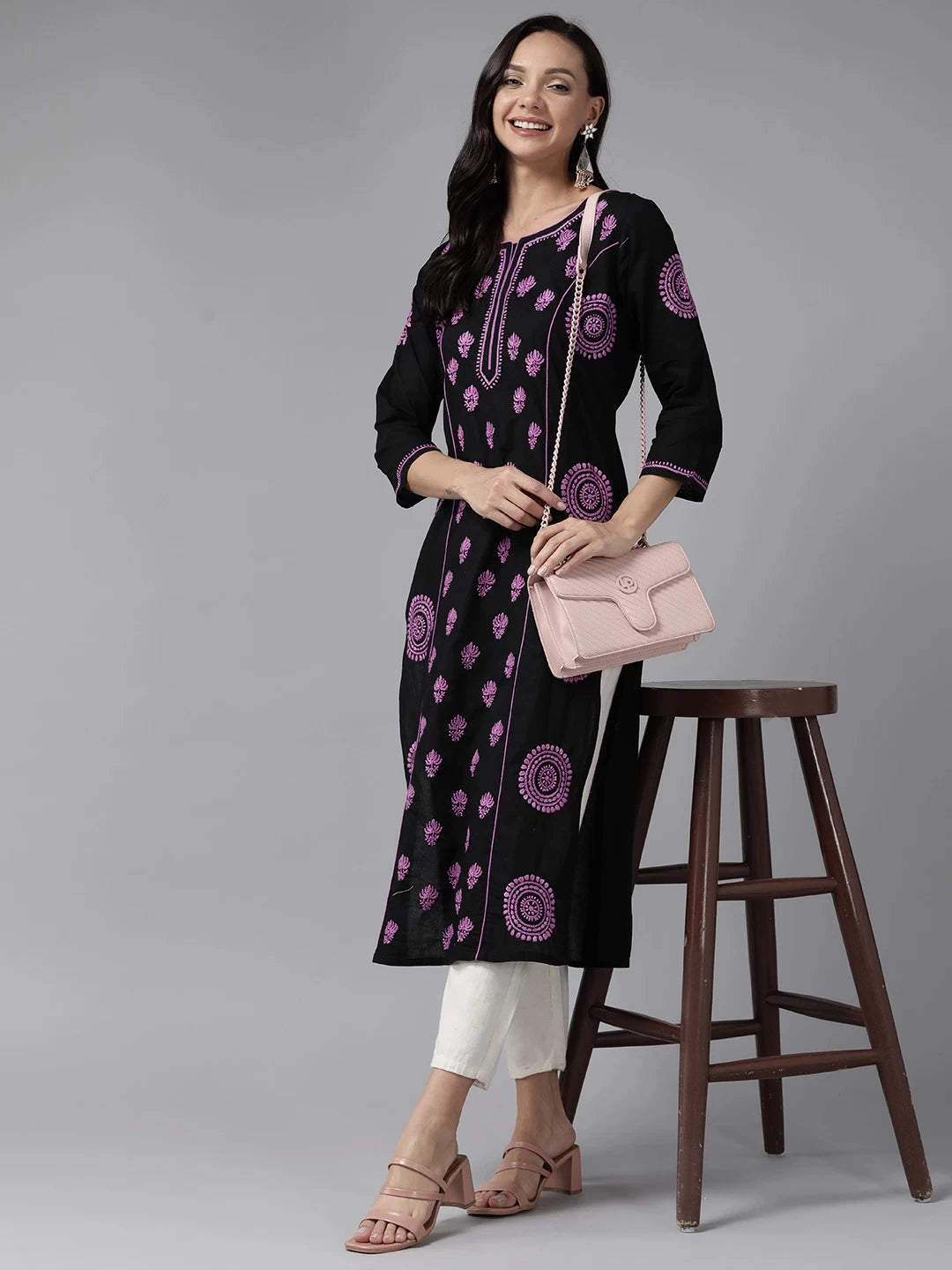 Ada Hand Embroidered Black Cotton Lucknowi Chikankari Straight Kurta A411442