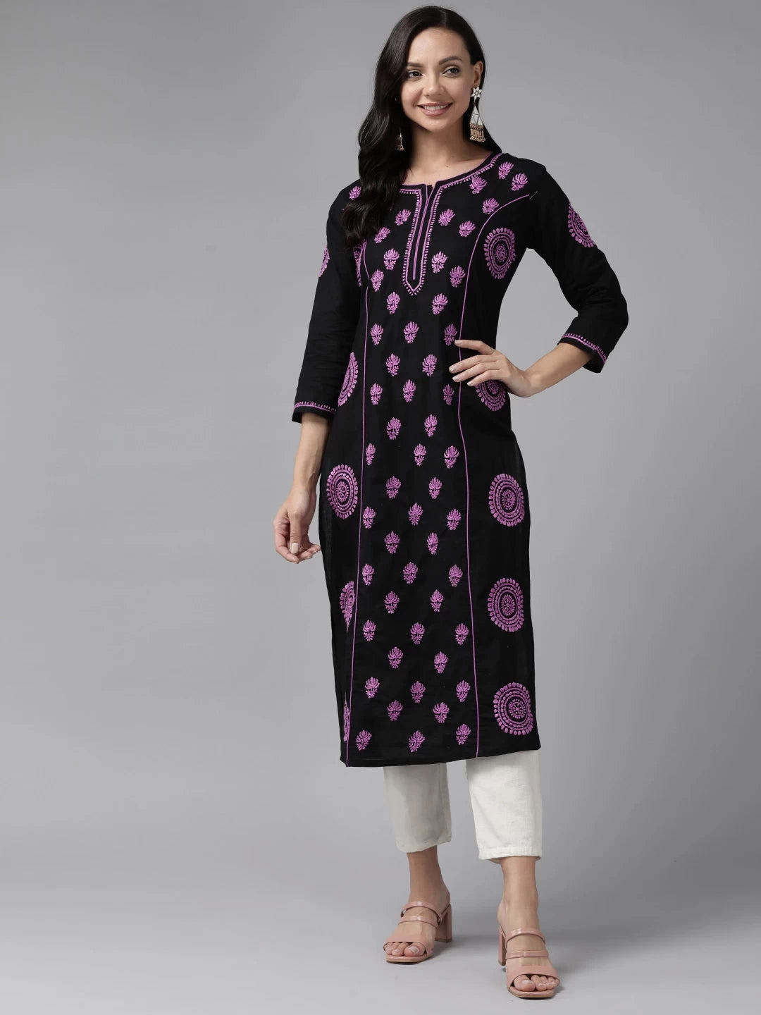 Ada Hand Embroidered Black Cotton Lucknowi Chikankari Straight Kurta A411442