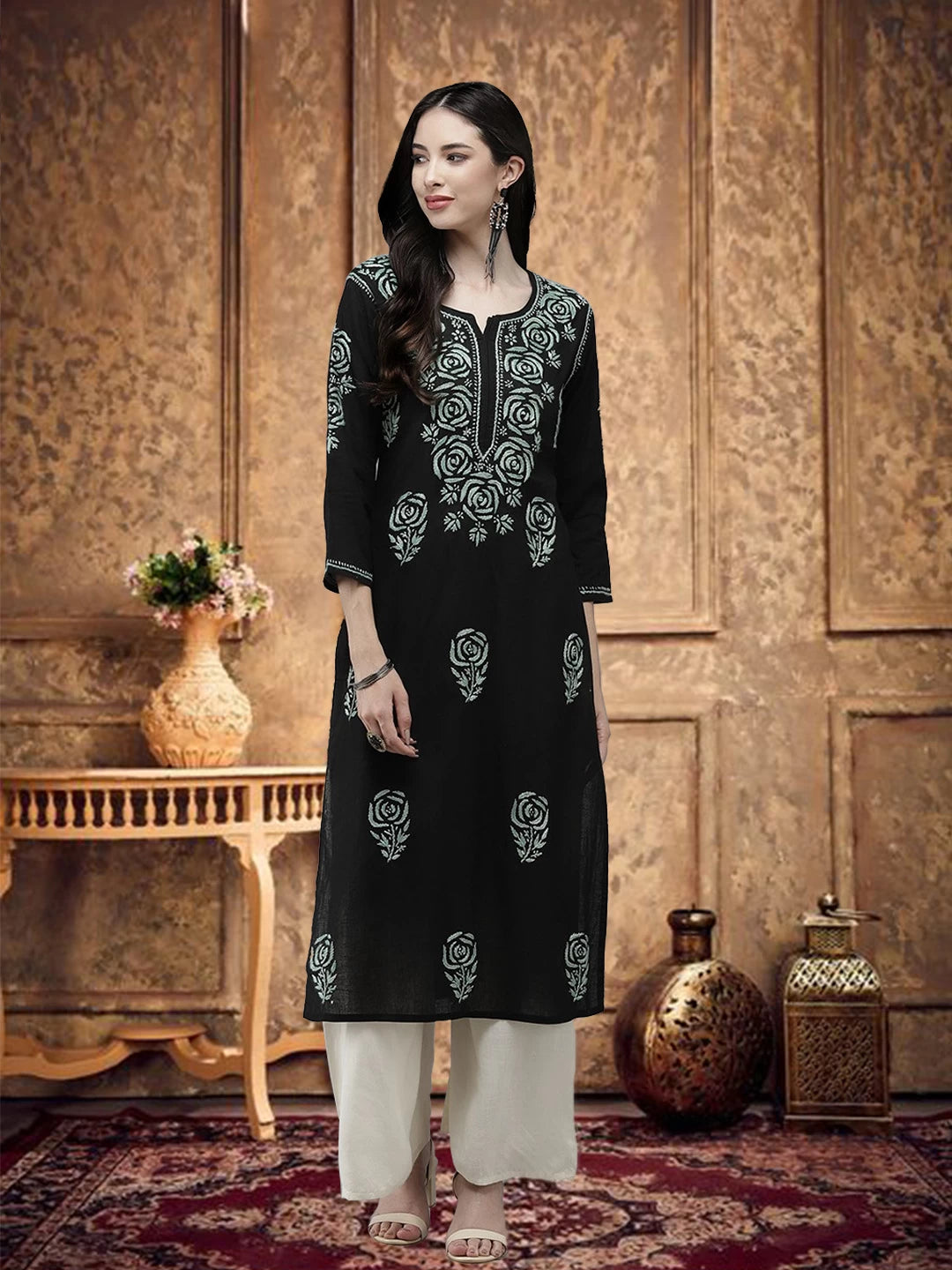 Ada Hand Embroidered Black Cotton Lucknow Chikankari Straight Kurta A411288
