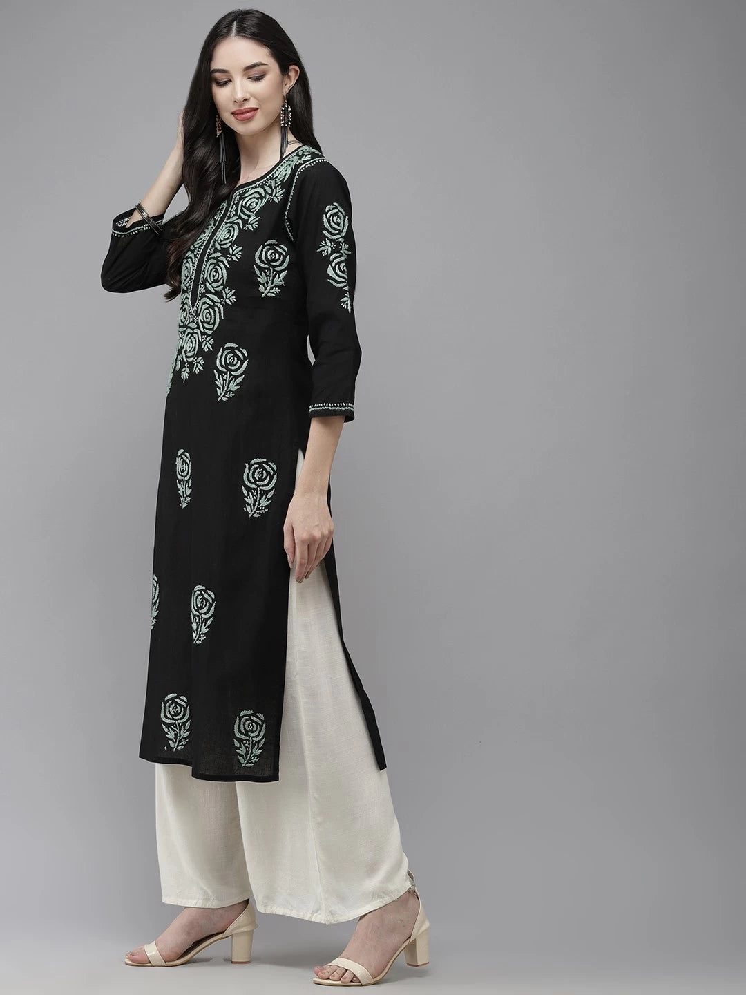 Ada Hand Embroidered Black Cotton Lucknow Chikankari Straight Kurta A411288
