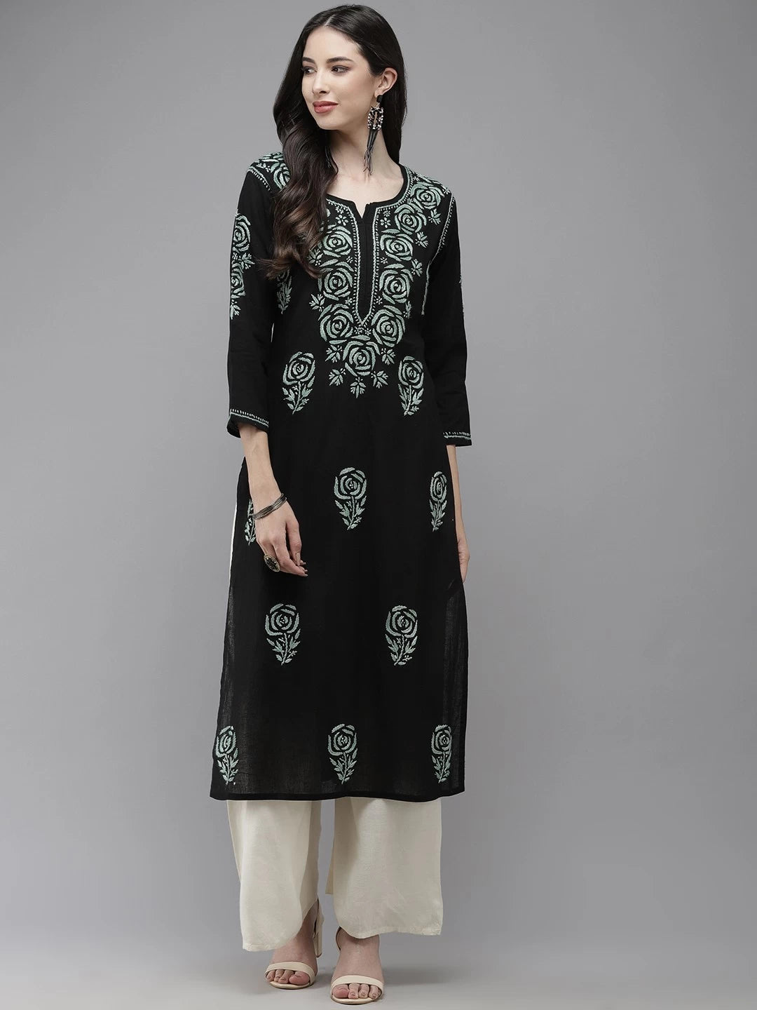 Ada Hand Embroidered Black Cotton Lucknow Chikankari Straight Kurta A411288