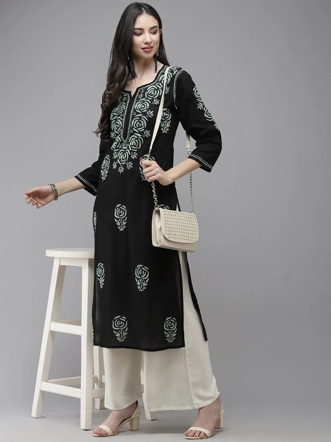 Ada Hand Embroidered Black Cotton Lucknow Chikankari Straight Kurta A411288
