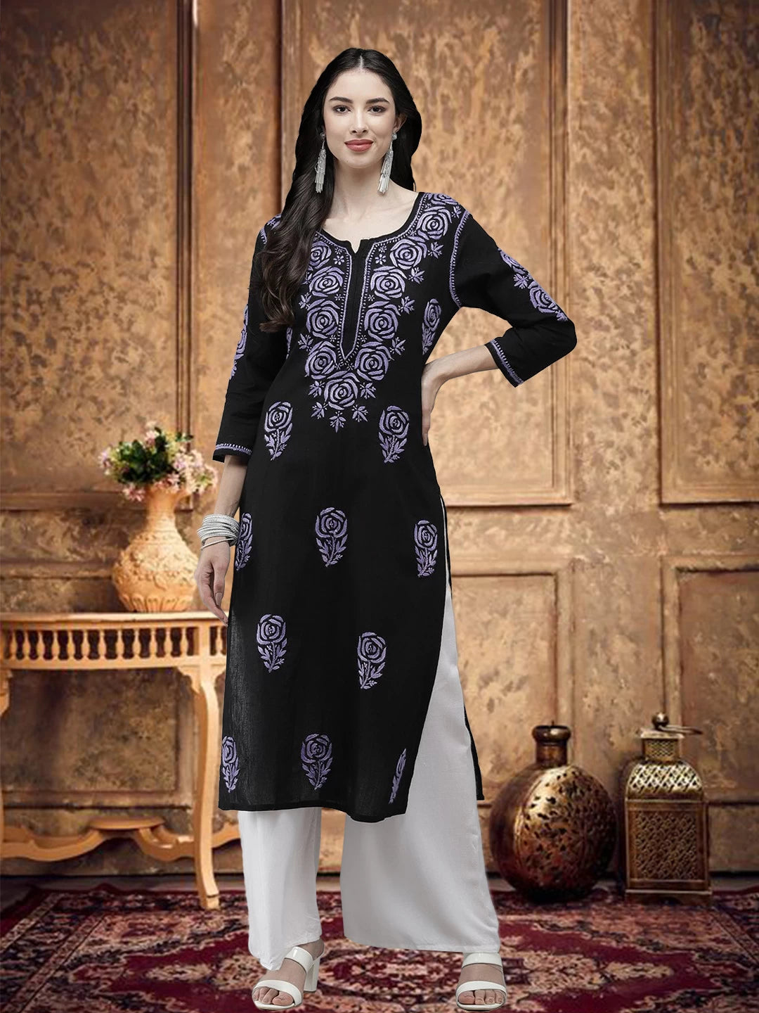 Ada Hand Embroidered Black Cotton Lucknow Chikankari Straight Kurta A411285