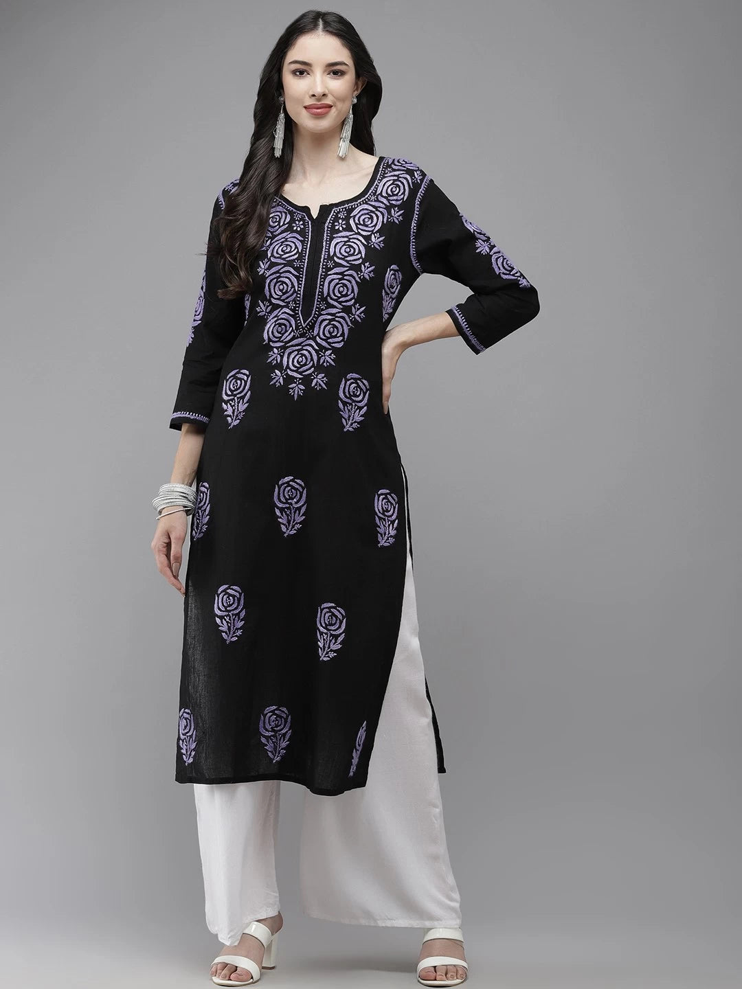 Ada Hand Embroidered Black Cotton Lucknow Chikankari Straight Kurta A411285