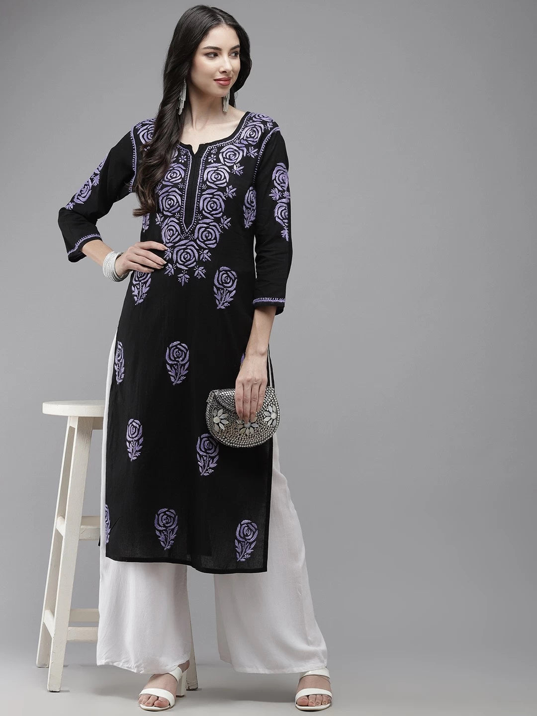 Ada Hand Embroidered Black Cotton Lucknow Chikankari Straight Kurta A411285