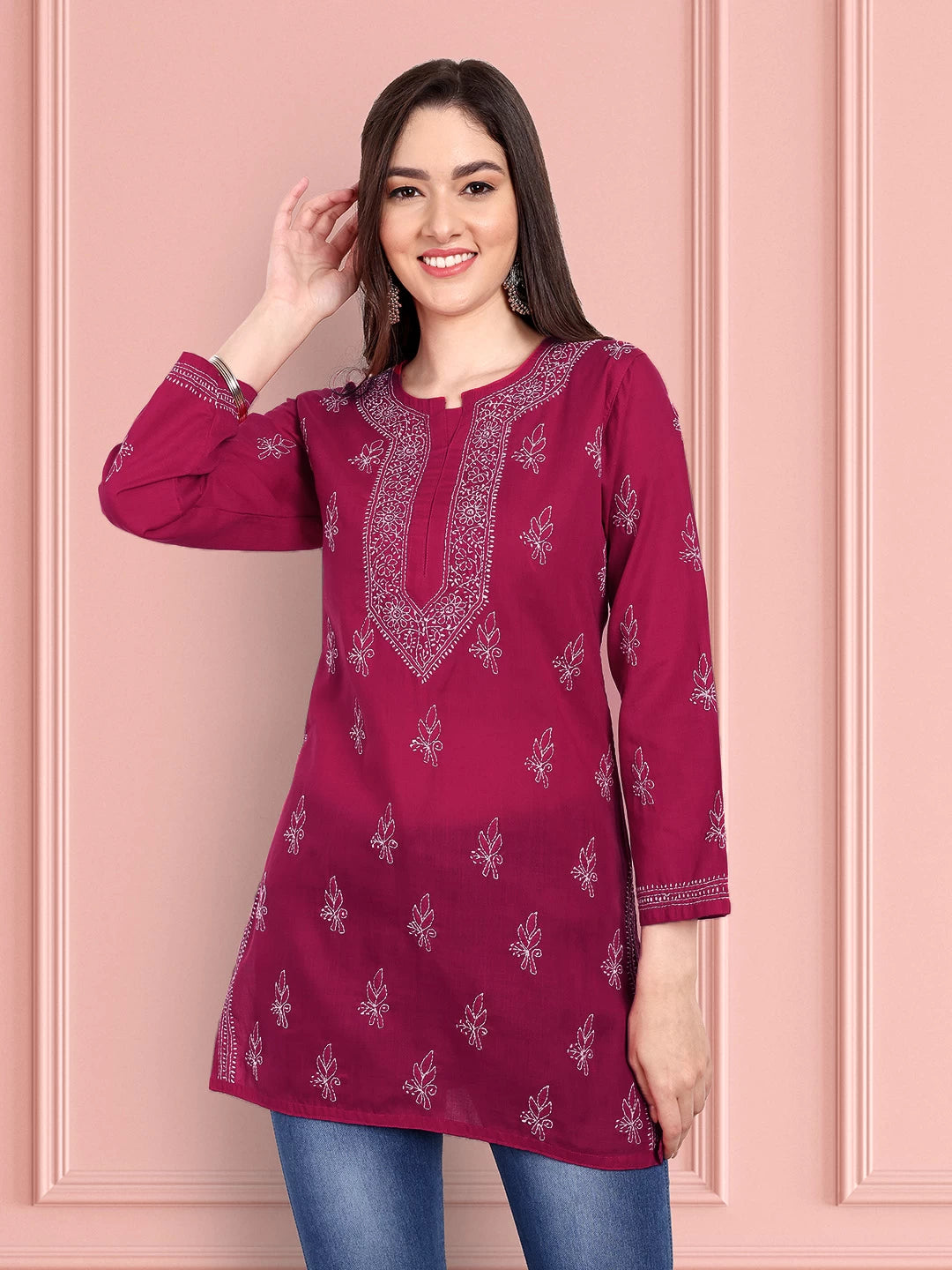 Ada Hand Embroidered Magenta Cotton Lucknowi Chikankari Straight Kurti A911342