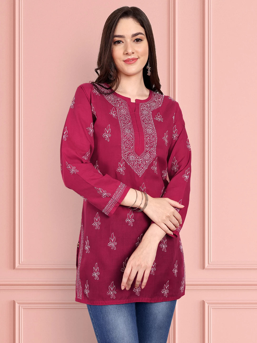 Ada Hand Embroidered Magenta Cotton Lucknowi Chikankari Straight Kurti A911342