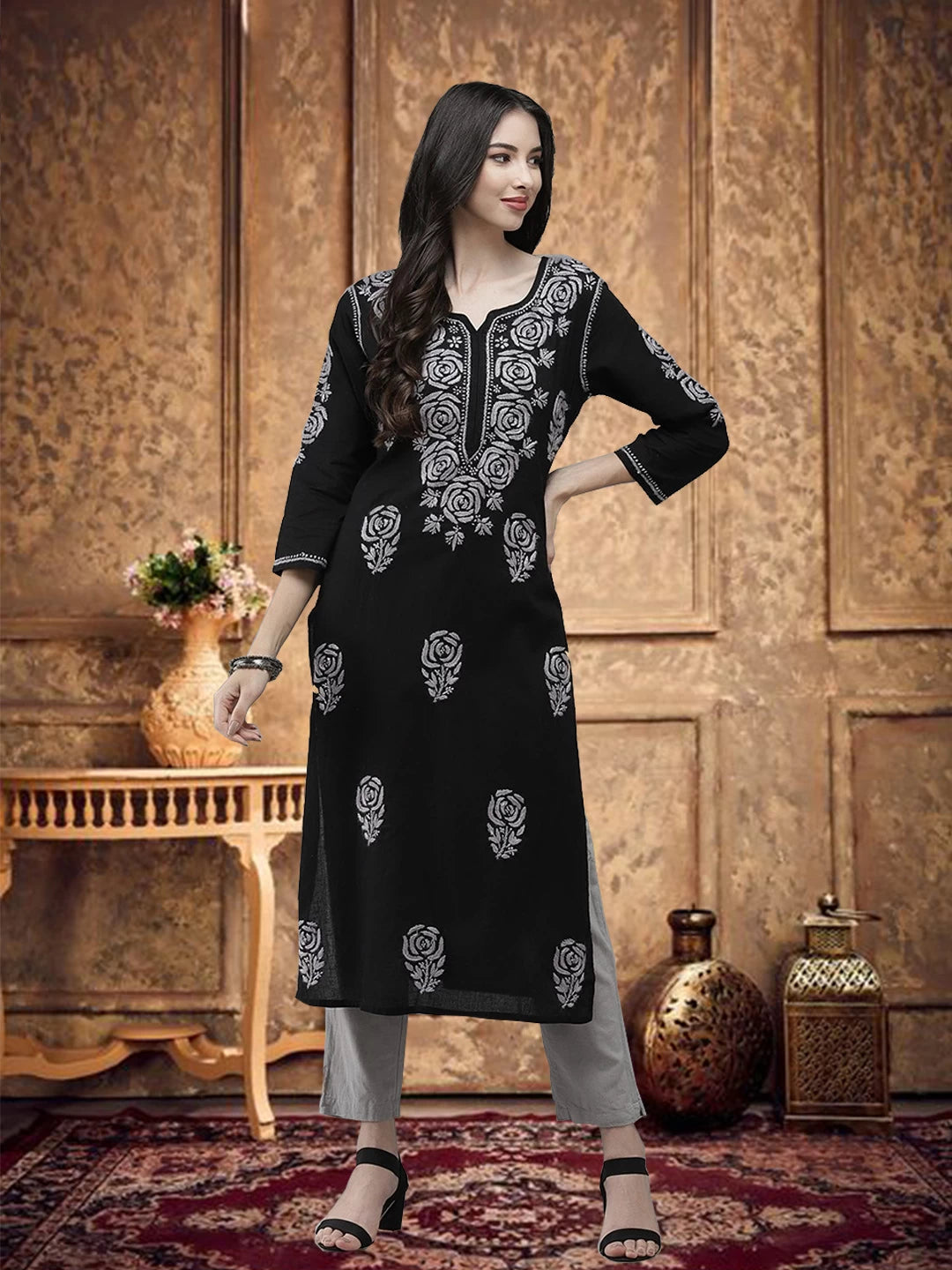 Ada Hand Embroidered Black Cotton Lucknow Chikankari Straight Kurta A411287