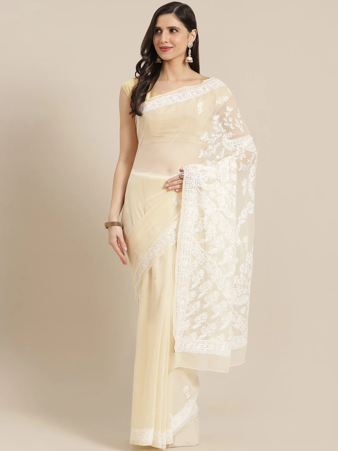 Ada Hand Embroidered Beige Georgette Lucknow Chikan Saree with Blouse A130223