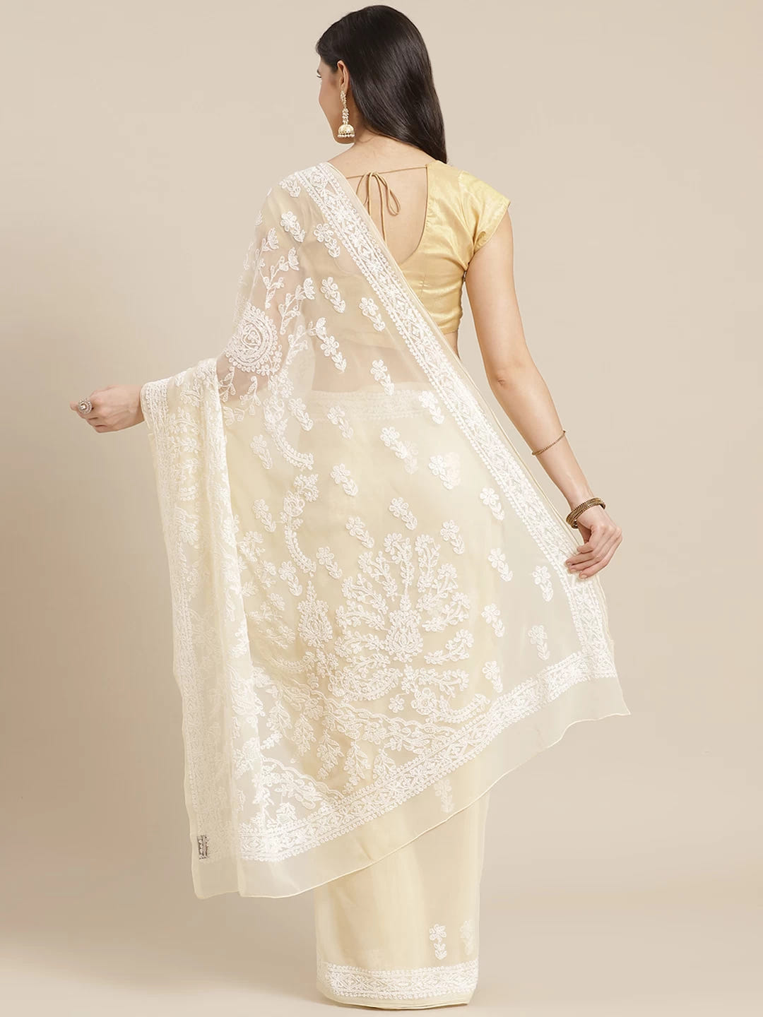 Ada Hand Embroidered Beige Georgette Lucknow Chikan Saree with Blouse A130223