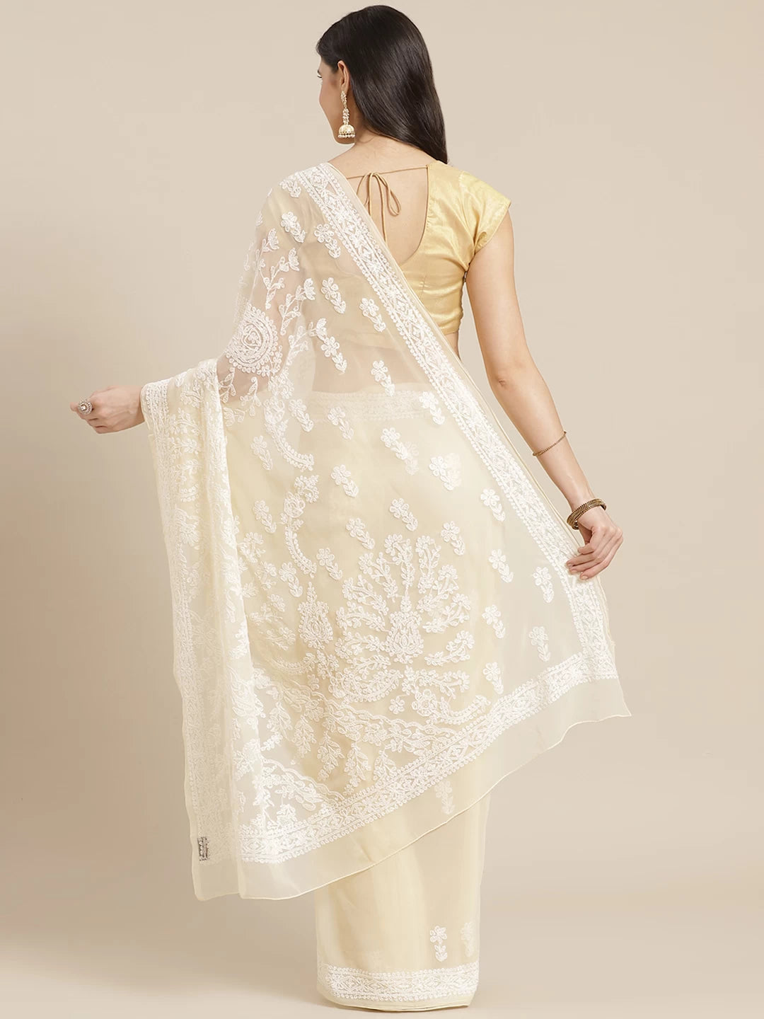 Ada Hand Embroidered Beige Georgette Lucknow Chikan Saree with Blouse A130223