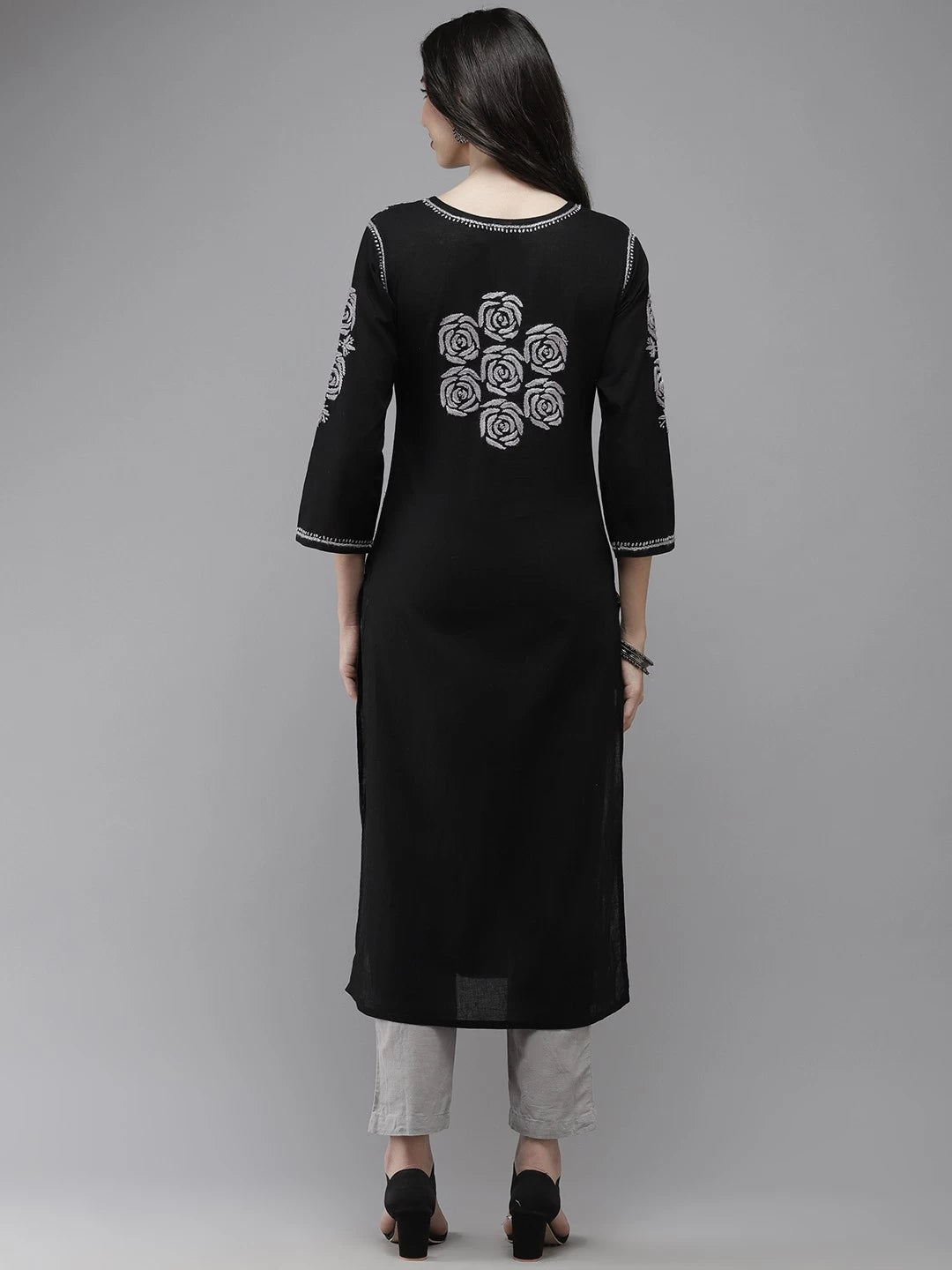 Ada Hand Embroidered Black Cotton Lucknow Chikankari Straight Kurta A411287
