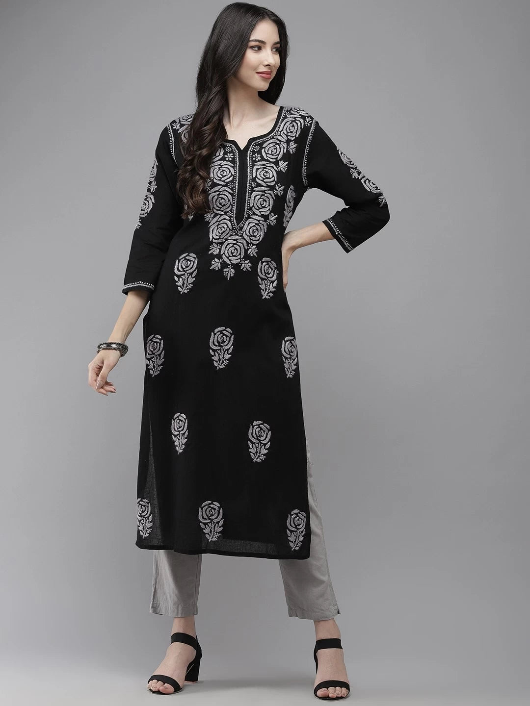 Ada Hand Embroidered Black Cotton Lucknow Chikankari Straight Kurta A411287