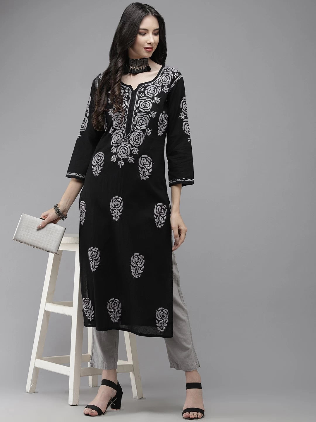 Ada Hand Embroidered Black Cotton Lucknow Chikankari Straight Kurta A411287