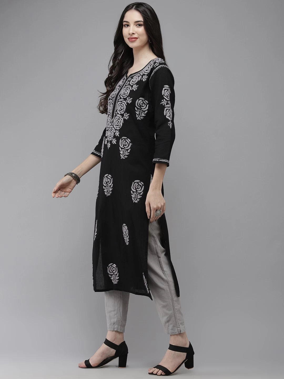 Ada Hand Embroidered Black Cotton Lucknow Chikankari Straight Kurta A411287