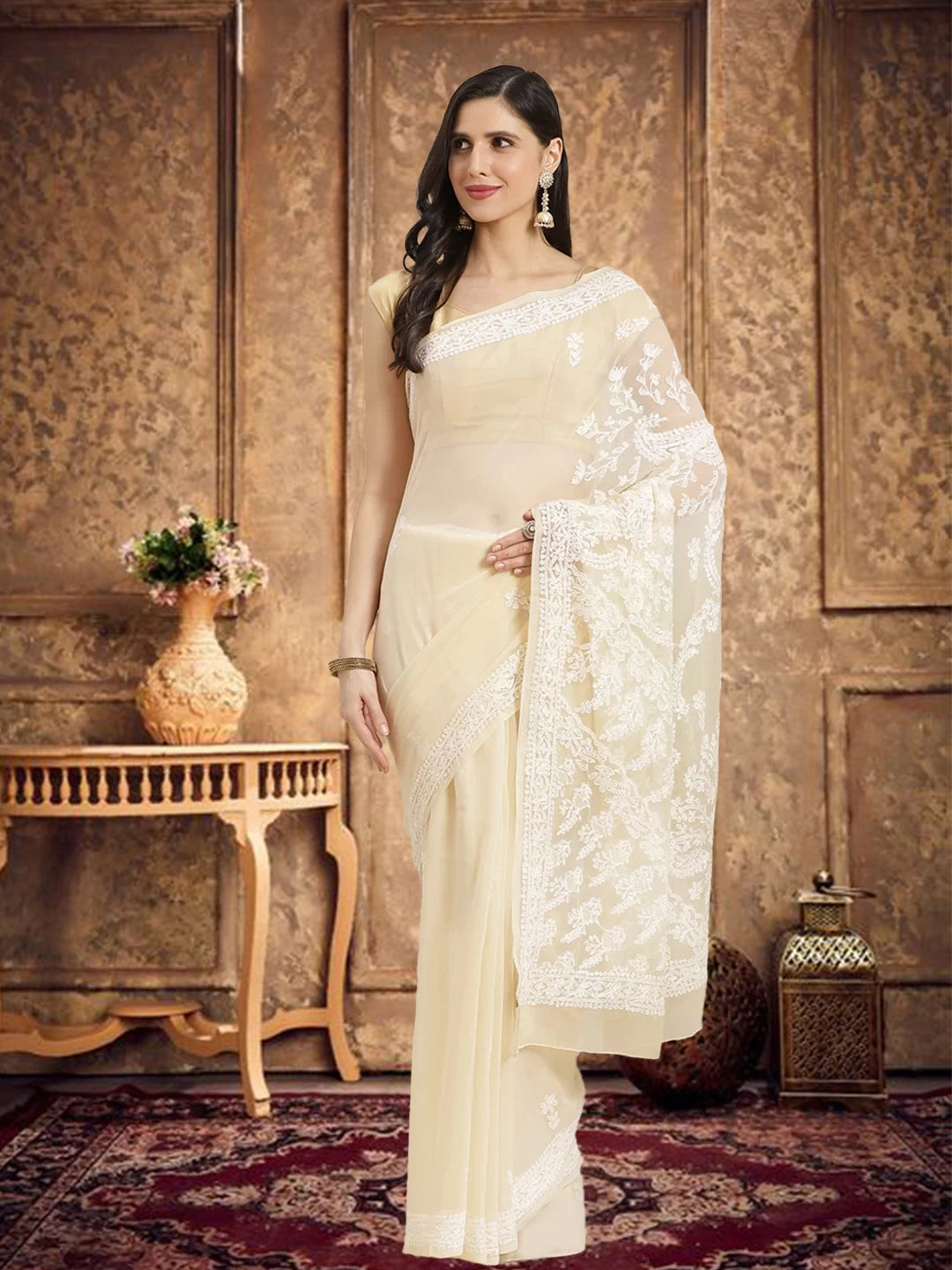 Ada Hand Embroidered Beige Georgette Lucknow Chikan Saree with Blouse A130223