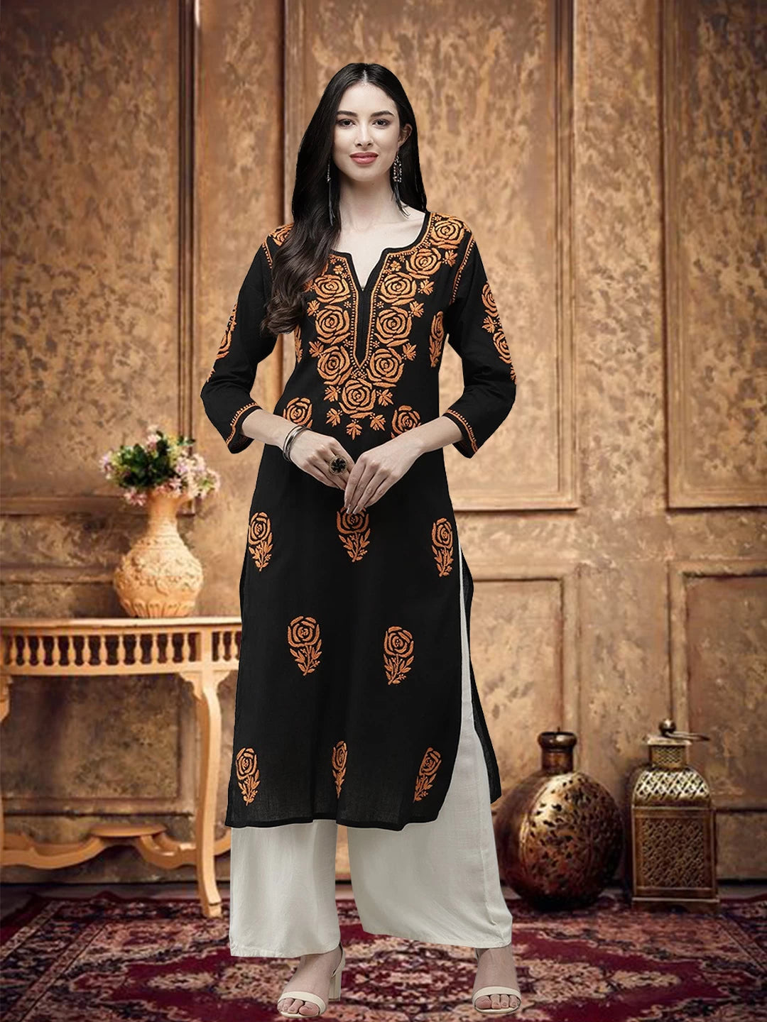 Ada Hand Embroidered Black Cotton Lucknow Chikankari Straight Kurta A411283