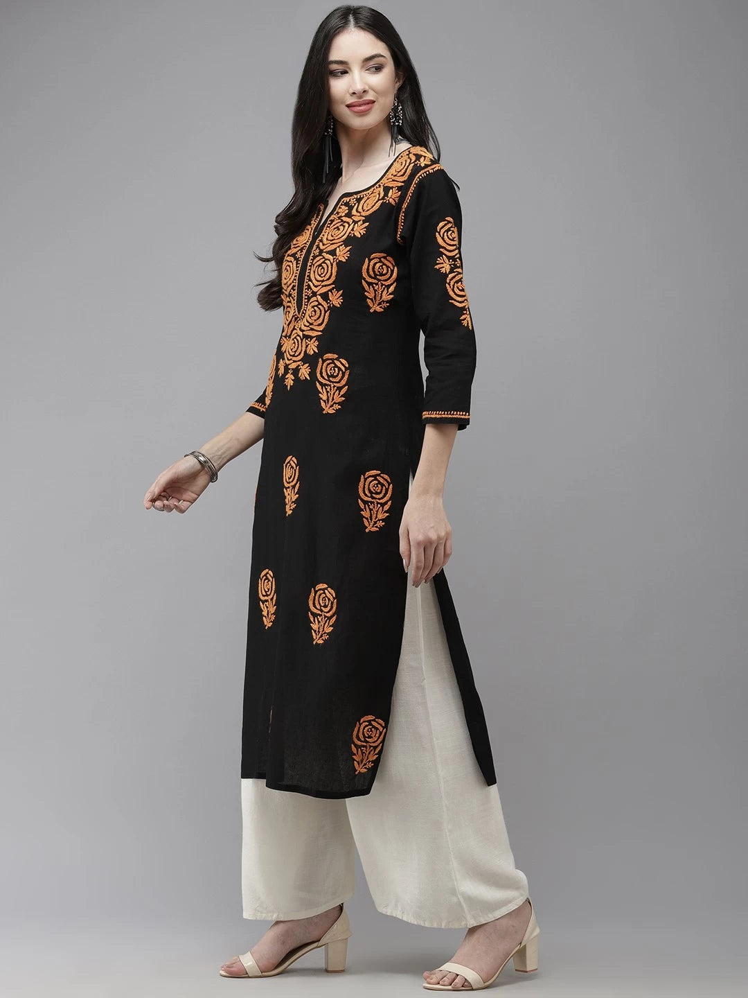 Ada Hand Embroidered Black Cotton Lucknow Chikankari Straight Kurta A411283