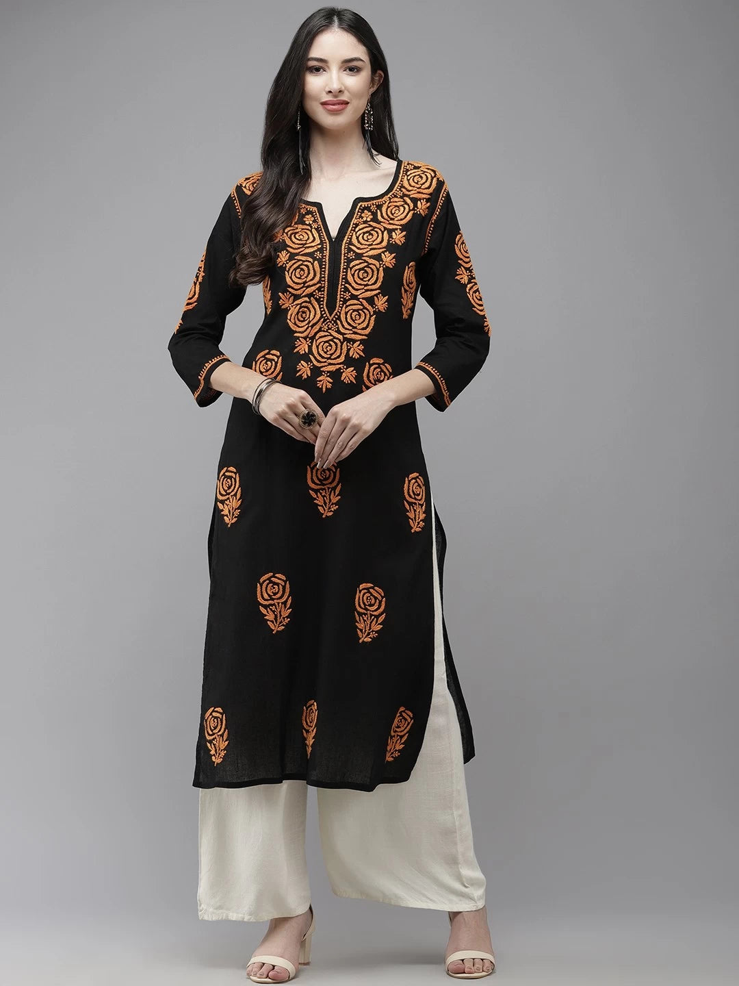 Ada Hand Embroidered Black Cotton Lucknow Chikankari Straight Kurta A411283