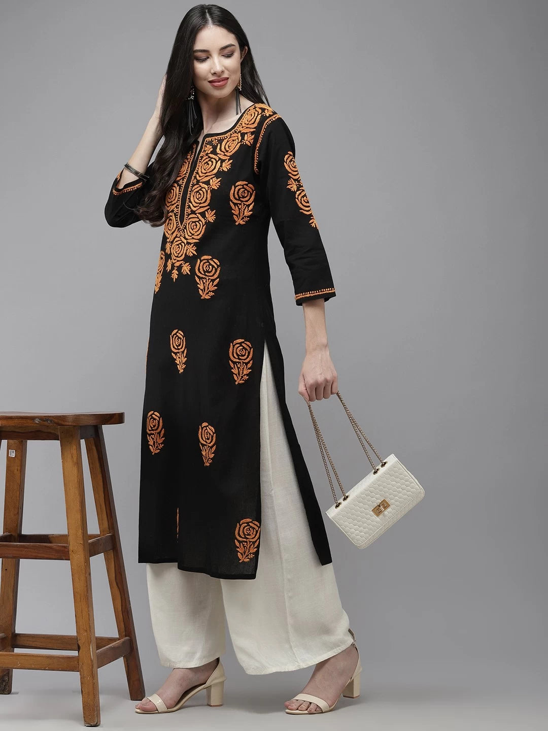 Ada Hand Embroidered Black Cotton Lucknow Chikankari Straight Kurta A411283