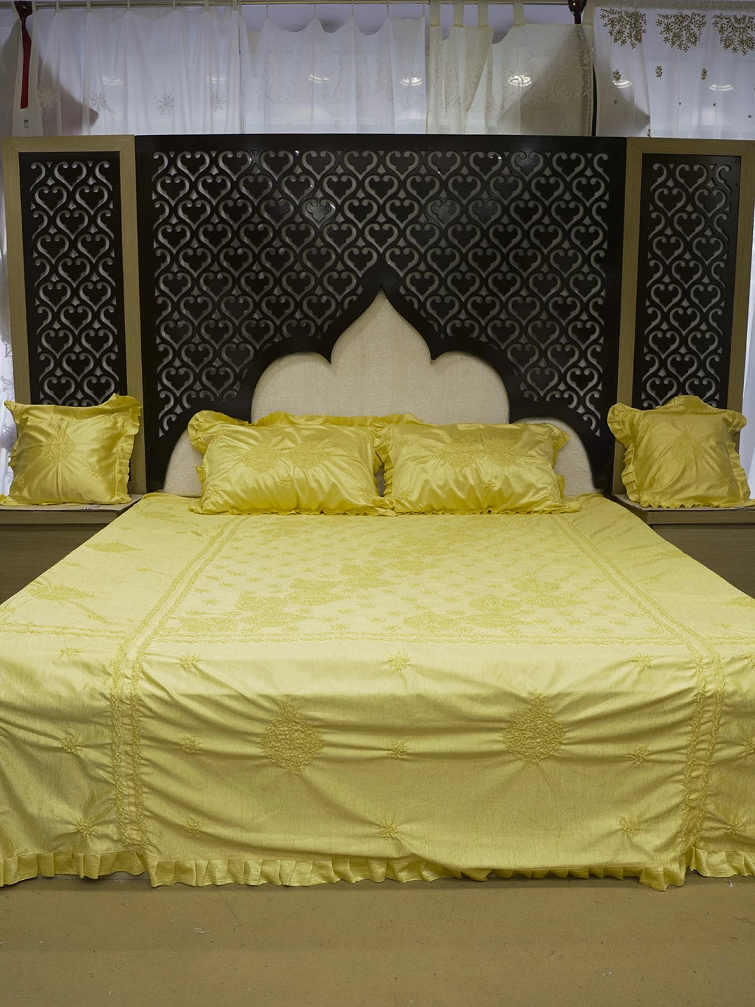 Ada Hand Embroidered Yellow Silk Lucknowi Chikankari Bed Sheet With Pillow And Cushion Cover Set 01A483956