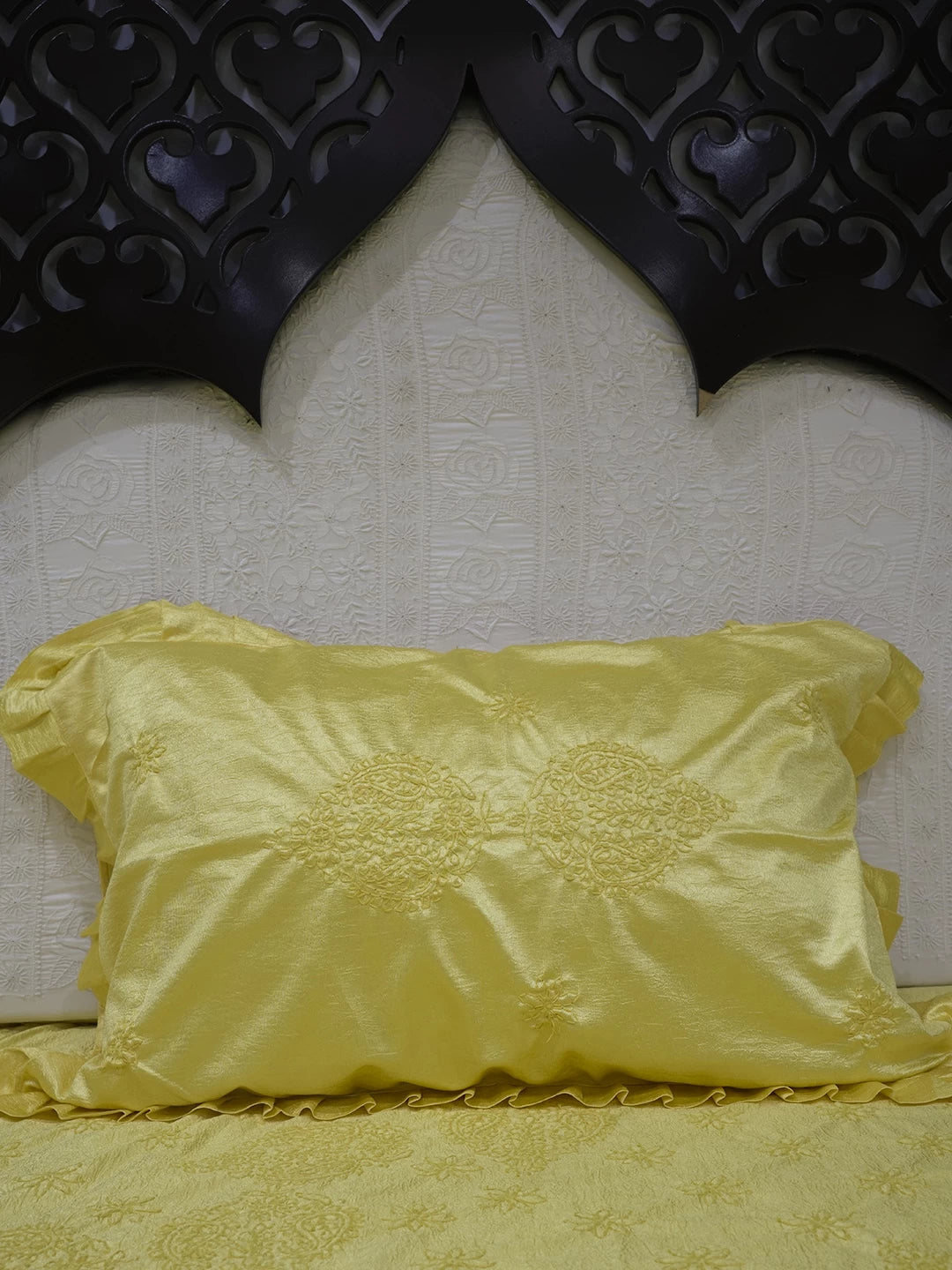 Ada Hand Embroidered Yellow Silk Lucknowi Chikankari Bed Sheet With Pillow And Cushion Cover Set 01A483956
