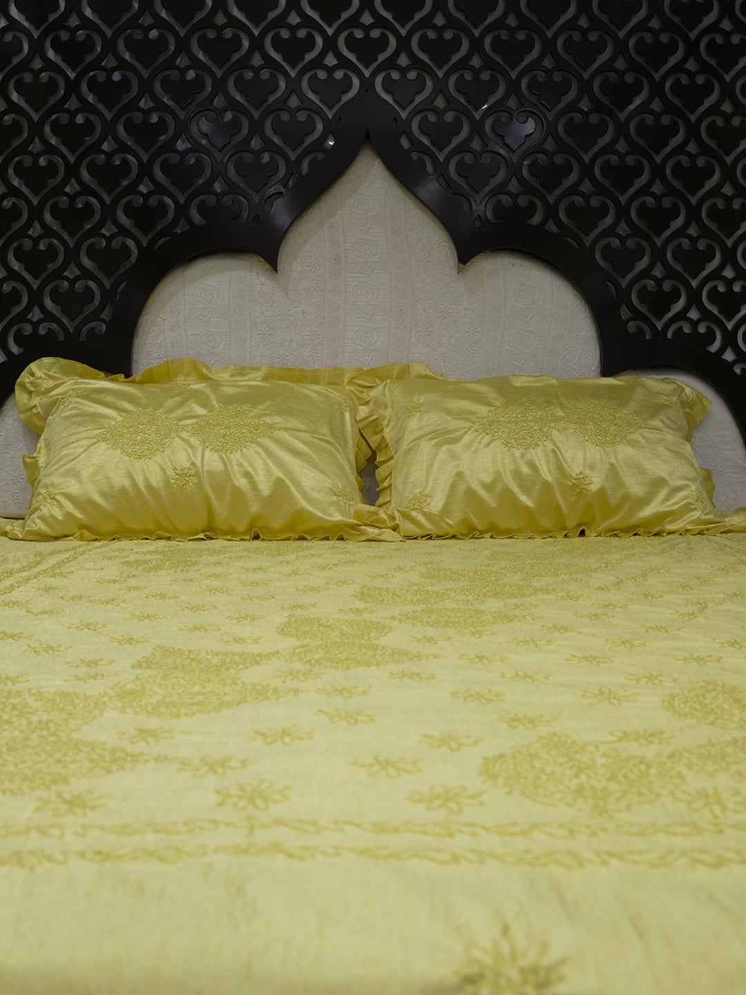 Ada Hand Embroidered Yellow Silk Lucknowi Chikankari Bed Sheet With Pillow And Cushion Cover Set 01A483956