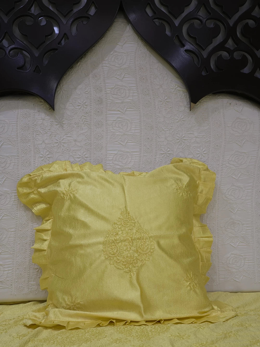 Ada Hand Embroidered Yellow Silk Lucknowi Chikankari Bed Sheet With Pillow And Cushion Cover Set 01A483956