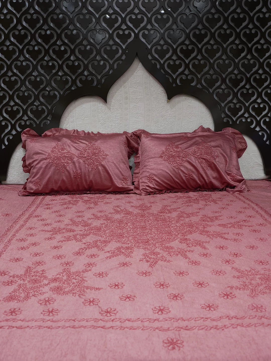 Ada Hand Embroidered Carrot Pink Silk Lucknowi Chikankari Bed Sheet With Pillow And Cushion Cover Set 01A366301
