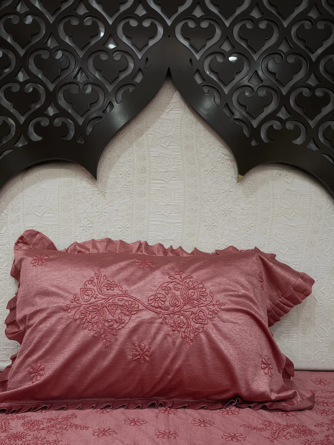 Ada Hand Embroidered Carrot Pink Silk Lucknowi Chikankari Bed Sheet With Pillow And Cushion Cover Set 01A366301
