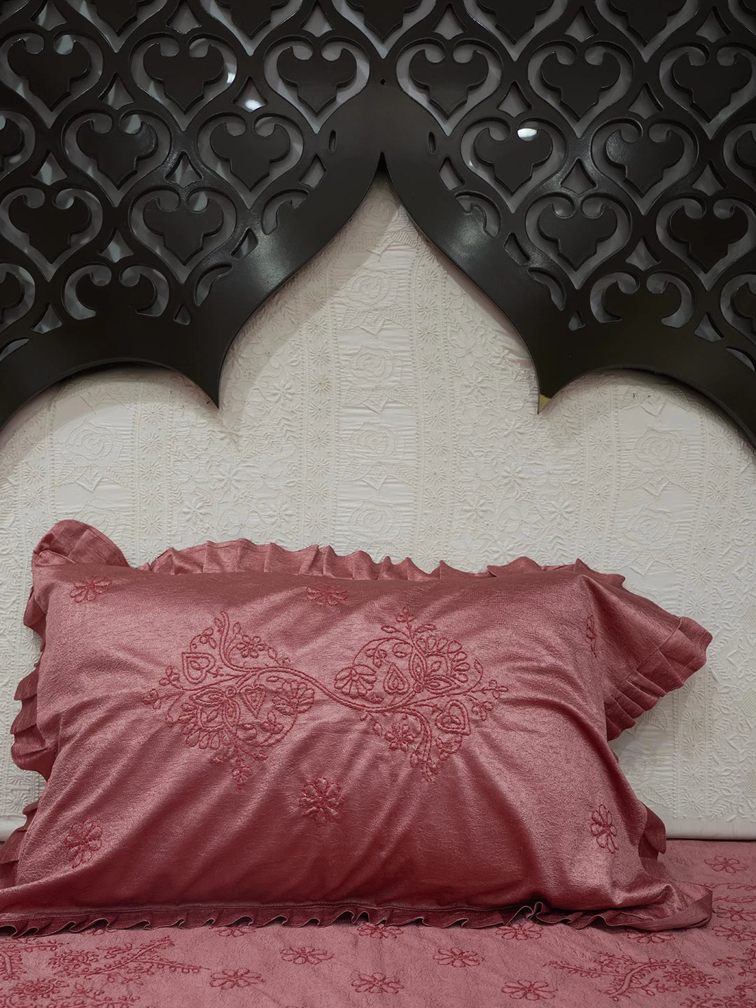 Ada Hand Embroidered Carrot Pink Silk Lucknowi Chikankari Bed Sheet With Pillow And Cushion Cover Set 01A366301