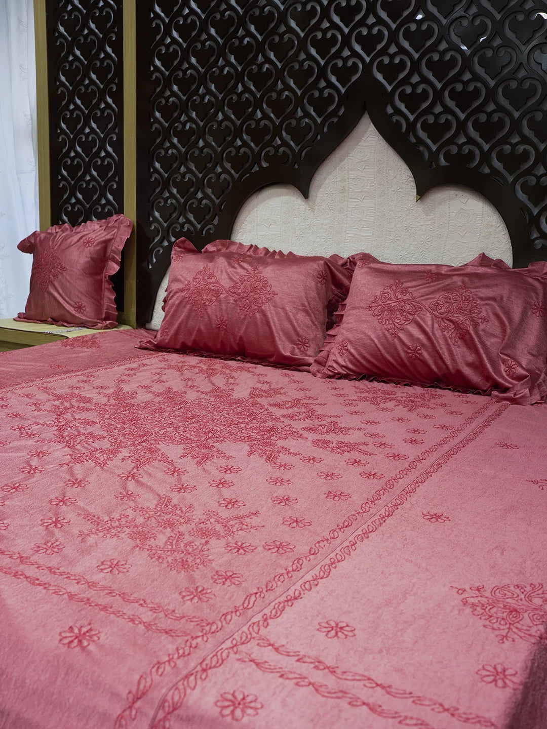 Ada Hand Embroidered Carrot Pink Silk Lucknowi Chikankari Bed Sheet With Pillow And Cushion Cover Set 01A366301