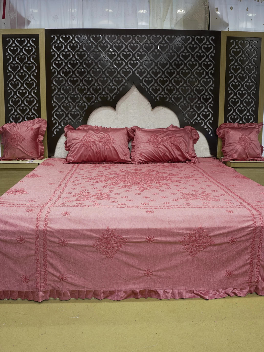 Ada Hand Embroidered Carrot Pink Silk Lucknowi Chikankari Bed Sheet With Pillow And Cushion Cover Set 01A366301