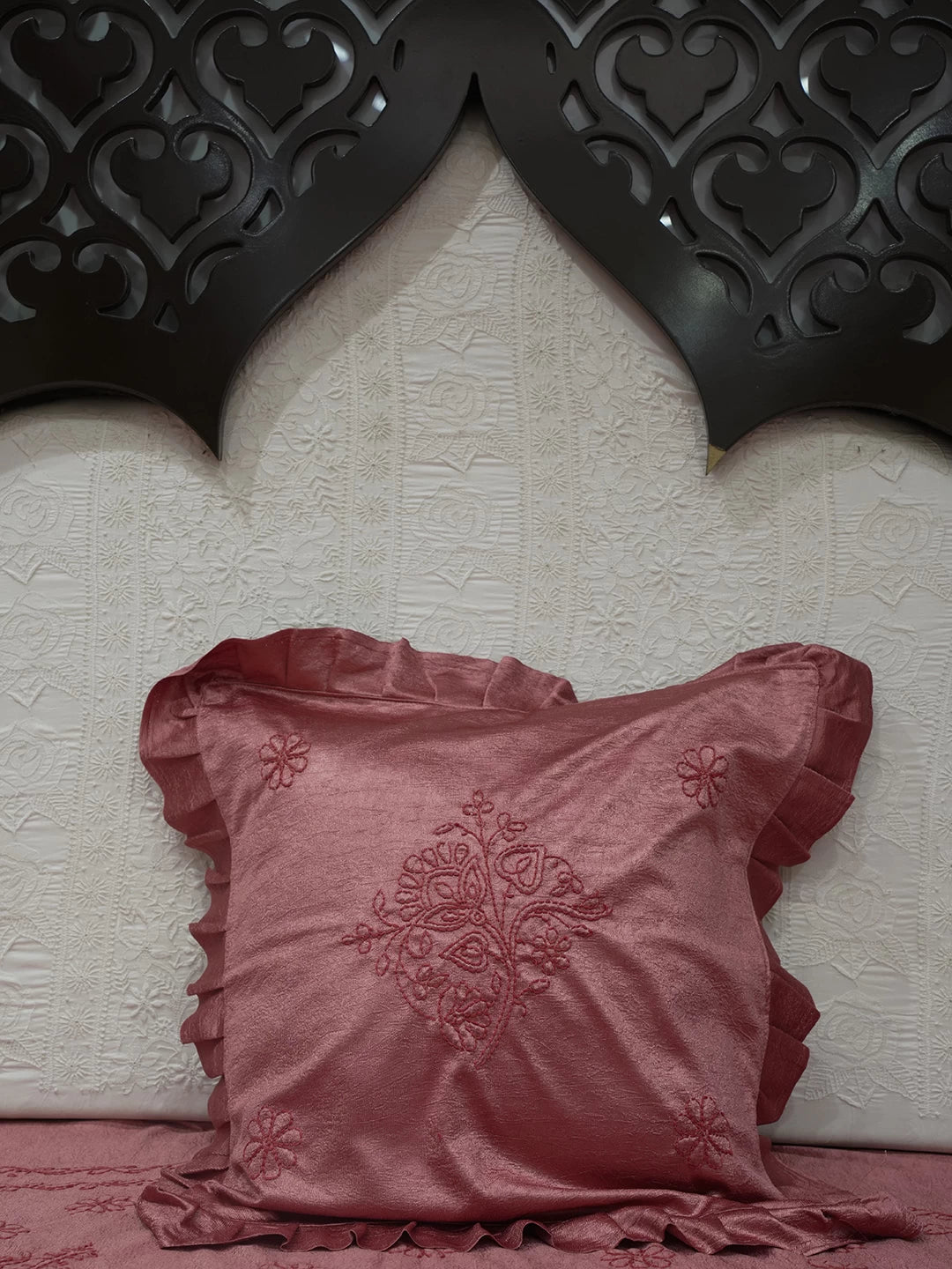 Ada Hand Embroidered Carrot Pink Silk Lucknowi Chikankari Bed Sheet With Pillow And Cushion Cover Set 01A366301