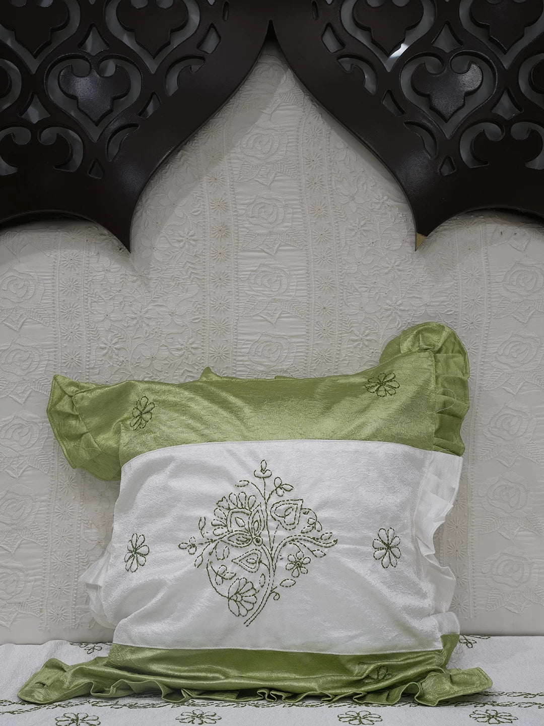 Ada Hand Embroidered White And Green Silk Lucknowi Chikankari Bed Sheet With Pillow And Cushion Cover Set 01A442691