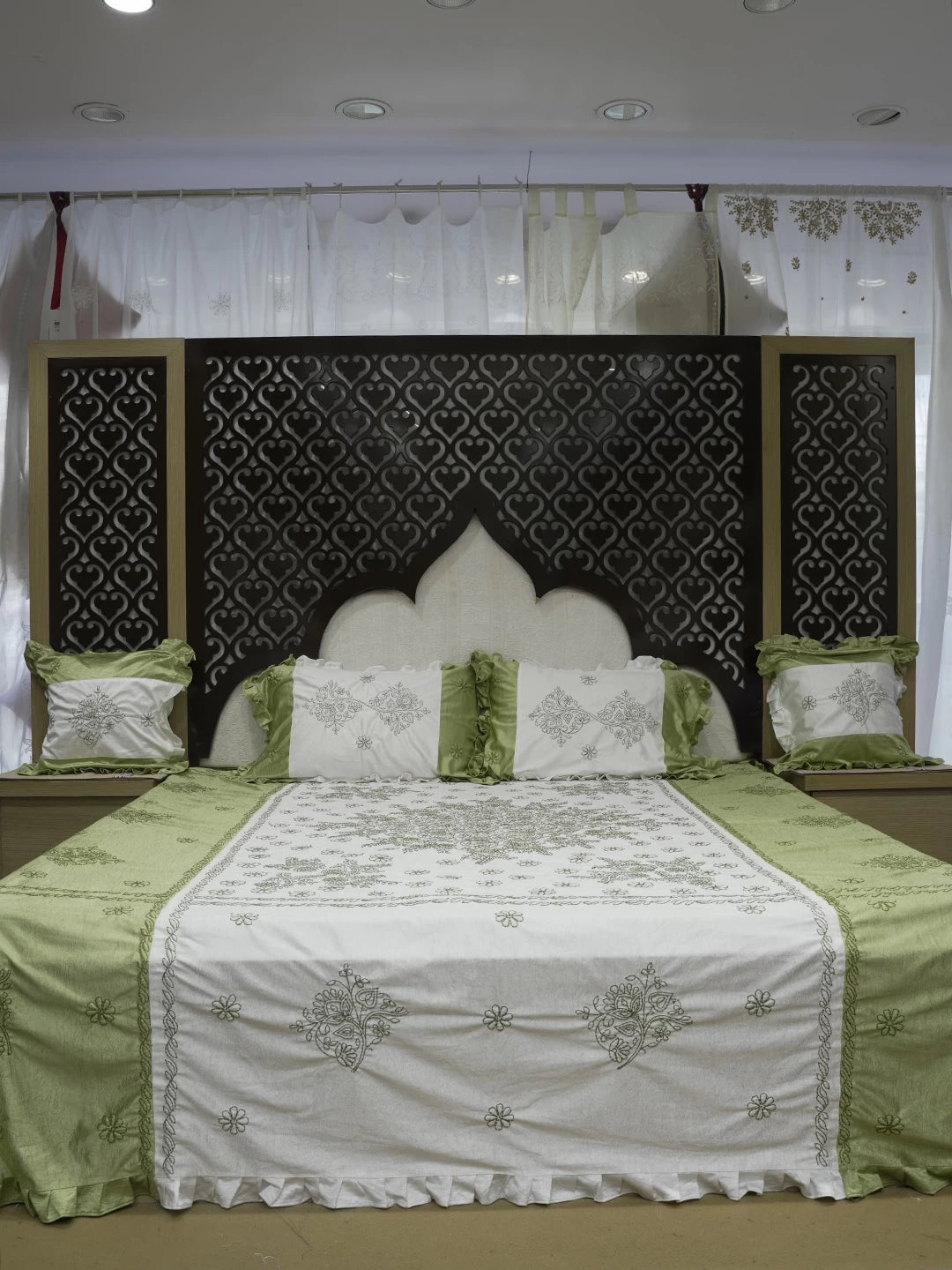 Ada Hand Embroidered White And Green Silk Lucknowi Chikankari Bed Sheet With Pillow And Cushion Cover Set 01A442691