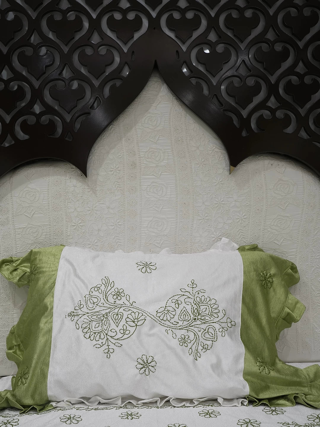 Ada Hand Embroidered White And Green Silk Lucknowi Chikankari Bed Sheet With Pillow And Cushion Cover Set 01A442691