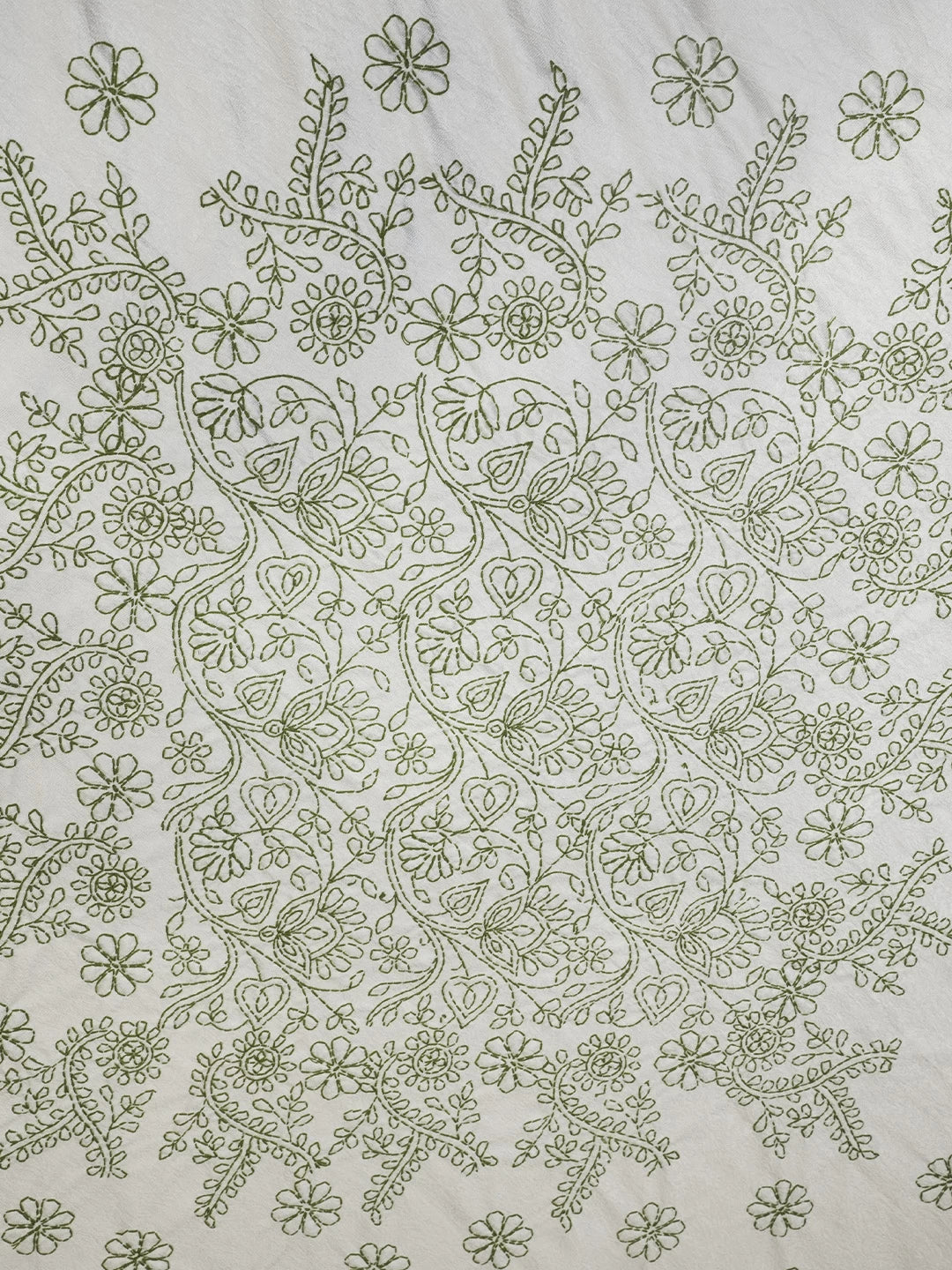 Ada Hand Embroidered White And Green Silk Lucknowi Chikankari Bed Sheet With Pillow And Cushion Cover Set 01A442691