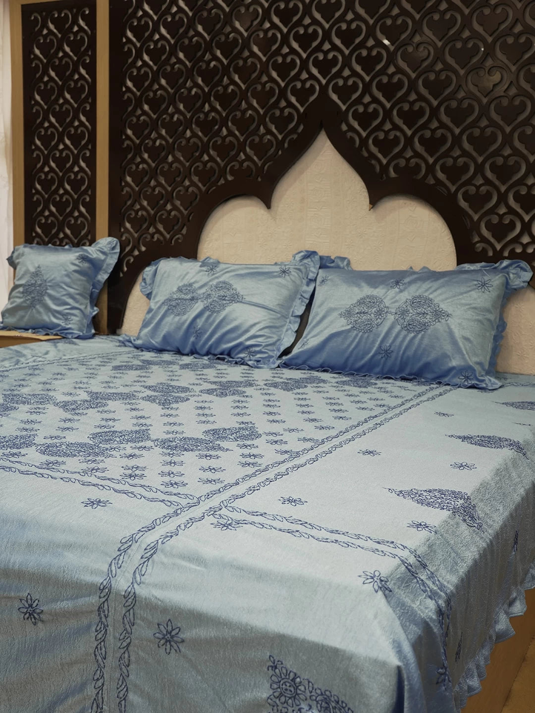 Ada Hand Embroidered Blue Silk Lucknowi Chikankari Bed Sheet With Pillow And Cushion Cover Set 01A121749