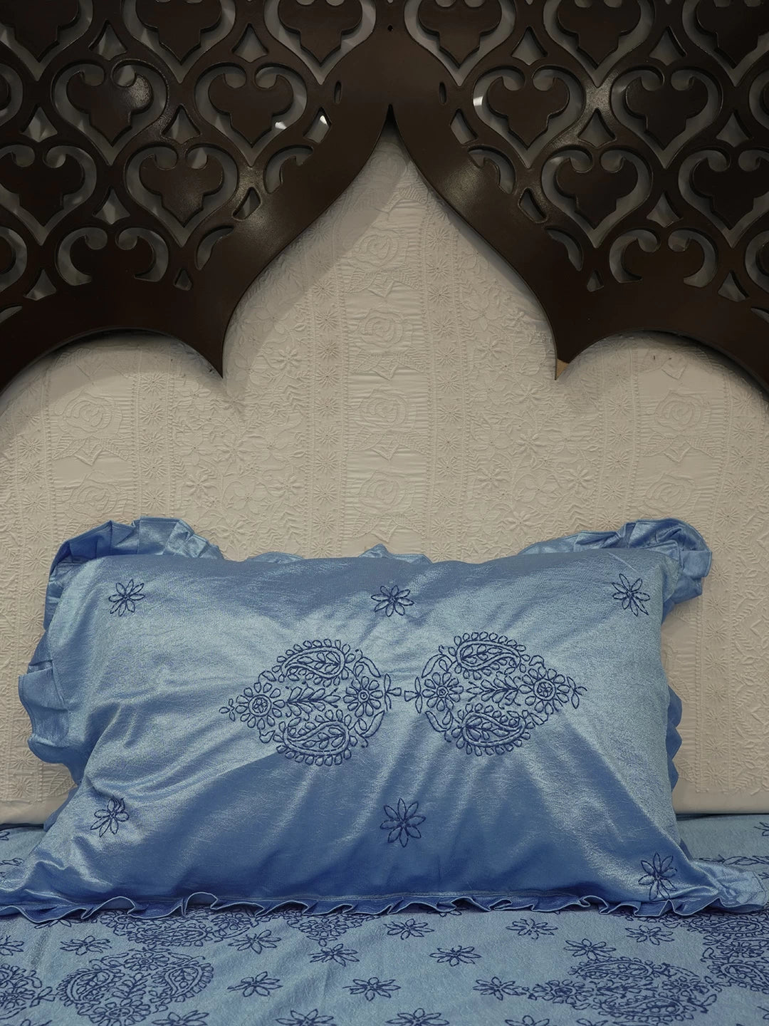 Ada Hand Embroidered Blue Silk Lucknowi Chikankari Bed Sheet With Pillow And Cushion Cover Set 01A121749