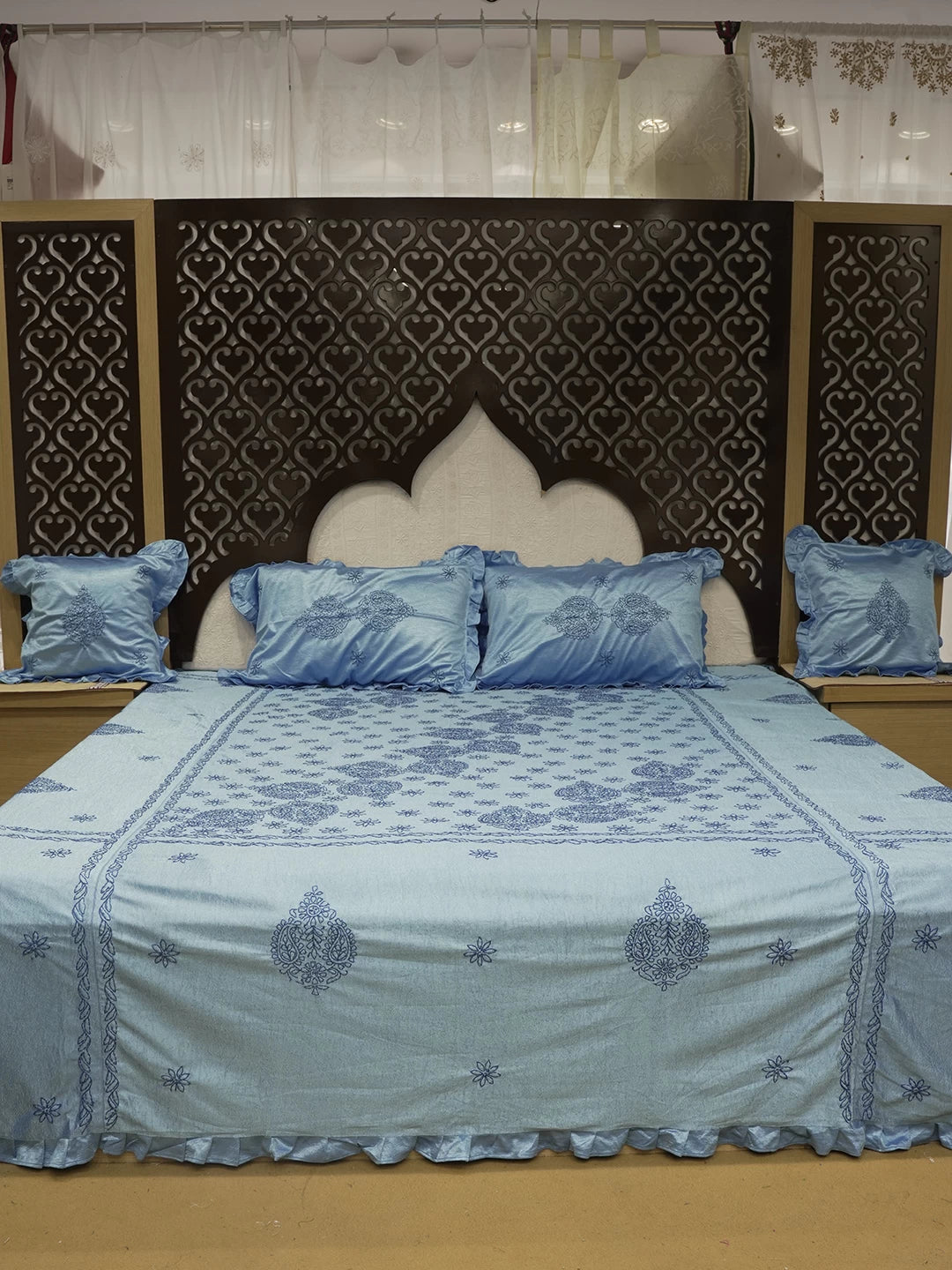 Ada Hand Embroidered Blue Silk Lucknowi Chikankari Bed Sheet With Pillow And Cushion Cover Set 01A121749