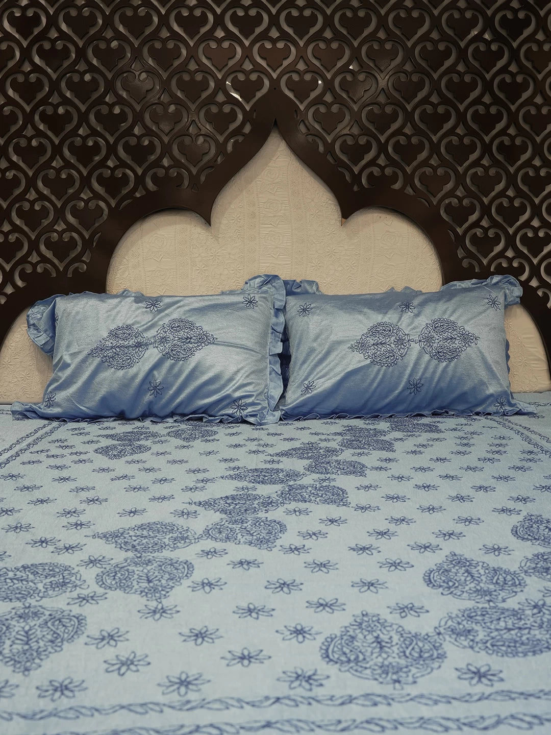 Ada Hand Embroidered Blue Silk Lucknowi Chikankari Bed Sheet With Pillow And Cushion Cover Set 01A121749