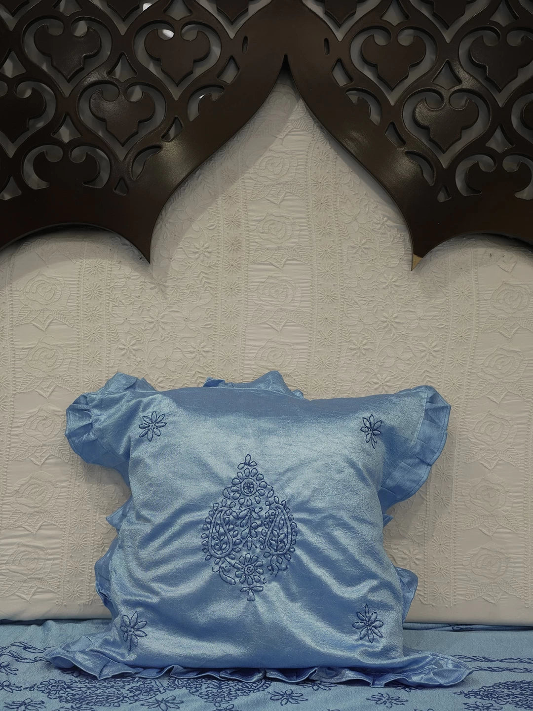 Ada Hand Embroidered Blue Silk Lucknowi Chikankari Bed Sheet With Pillow And Cushion Cover Set 01A121749
