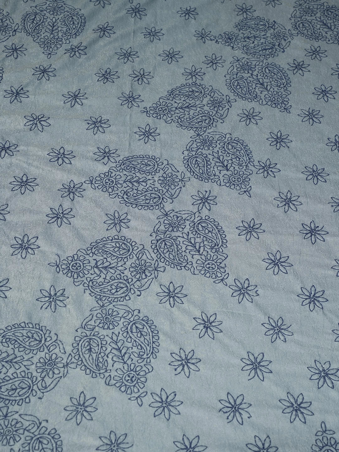 Ada Hand Embroidered Blue Silk Lucknowi Chikankari Bed Sheet With Pillow And Cushion Cover Set 01A121749
