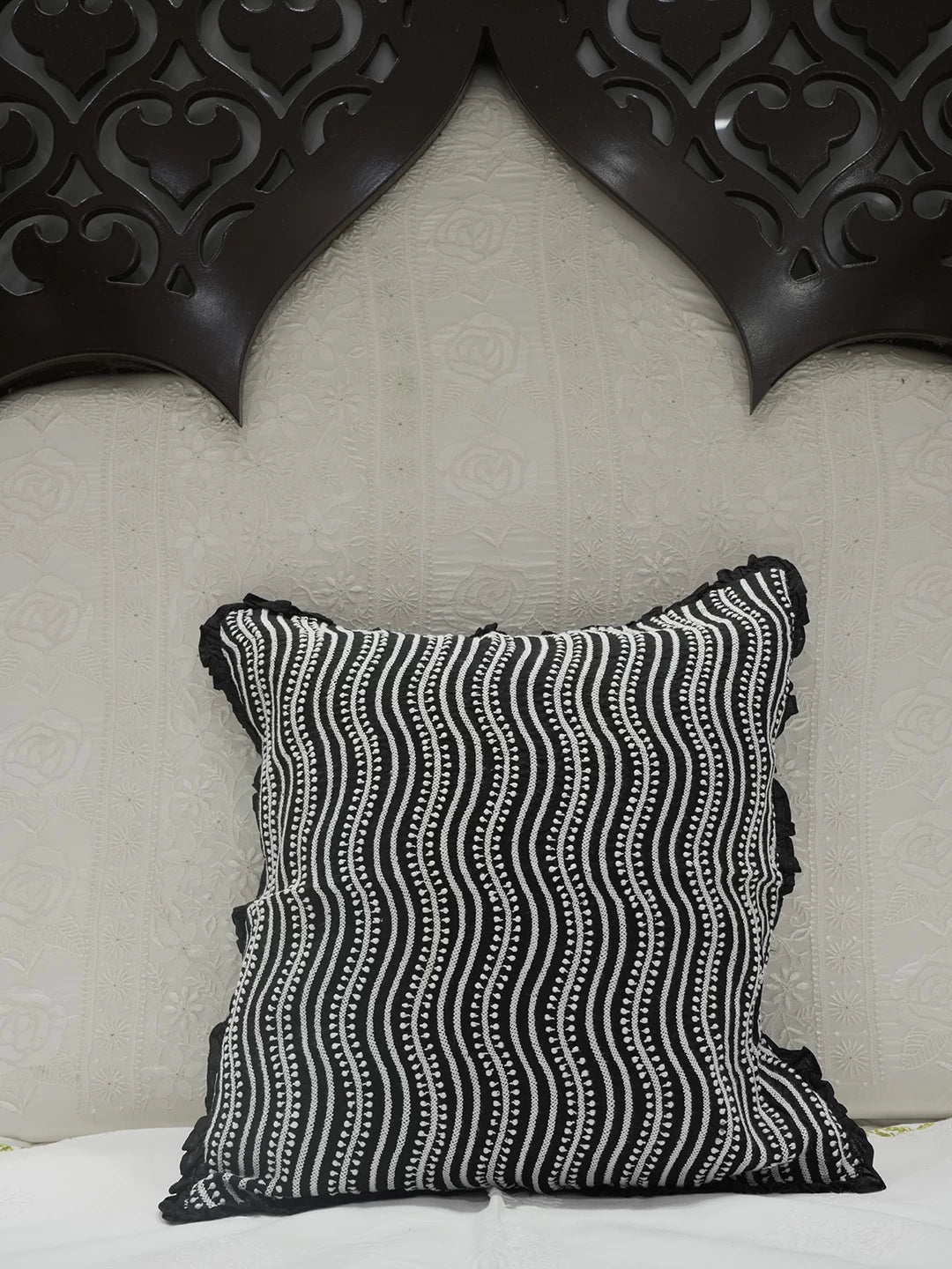 Ada Hand Embroidered Black Cotton Lucknowi Chikankari Cushion Cover 01A502305