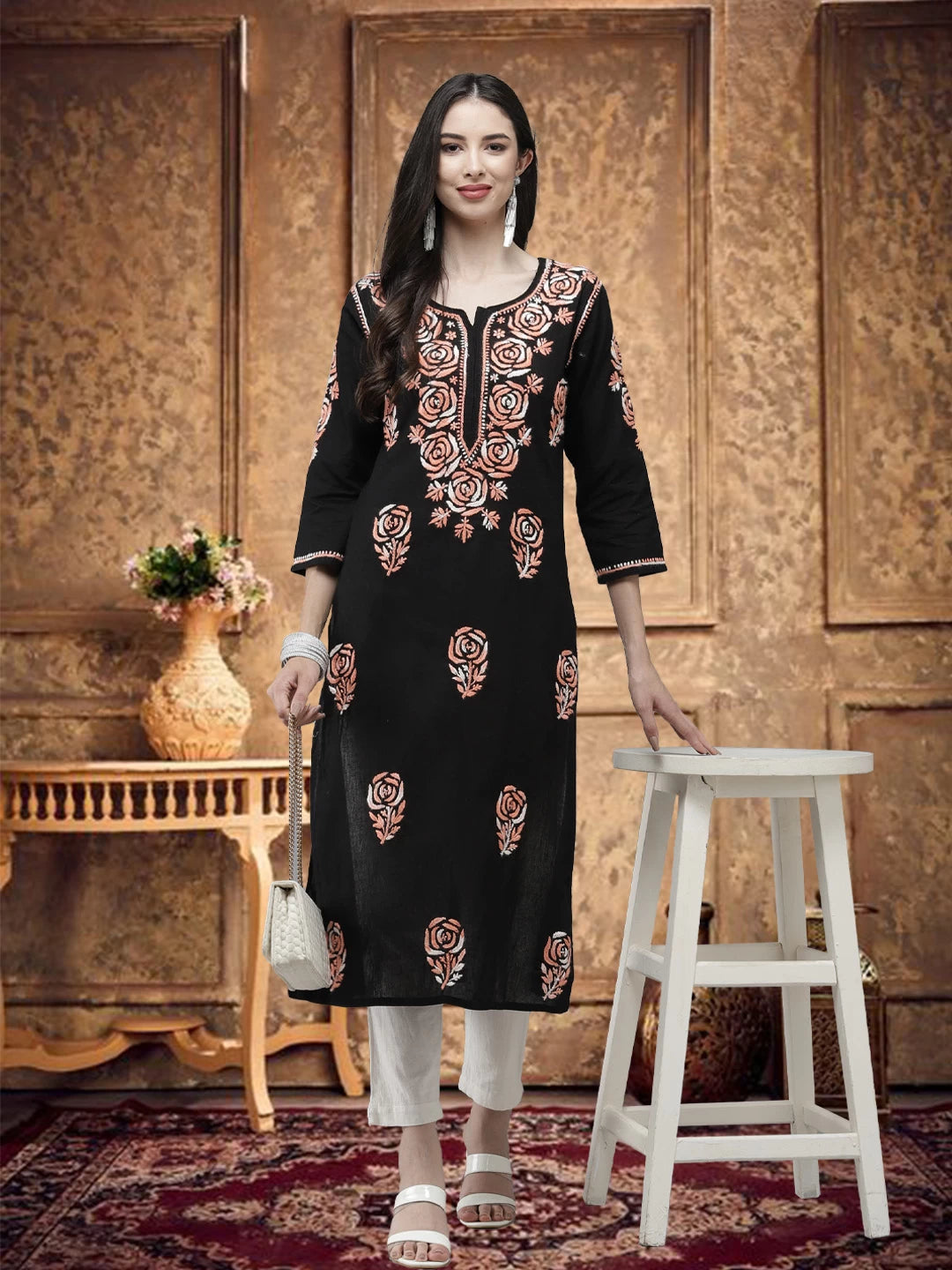 Ada Hand Embroidered Black Cotton Lucknowi Chikankari Straight Kurta A411284